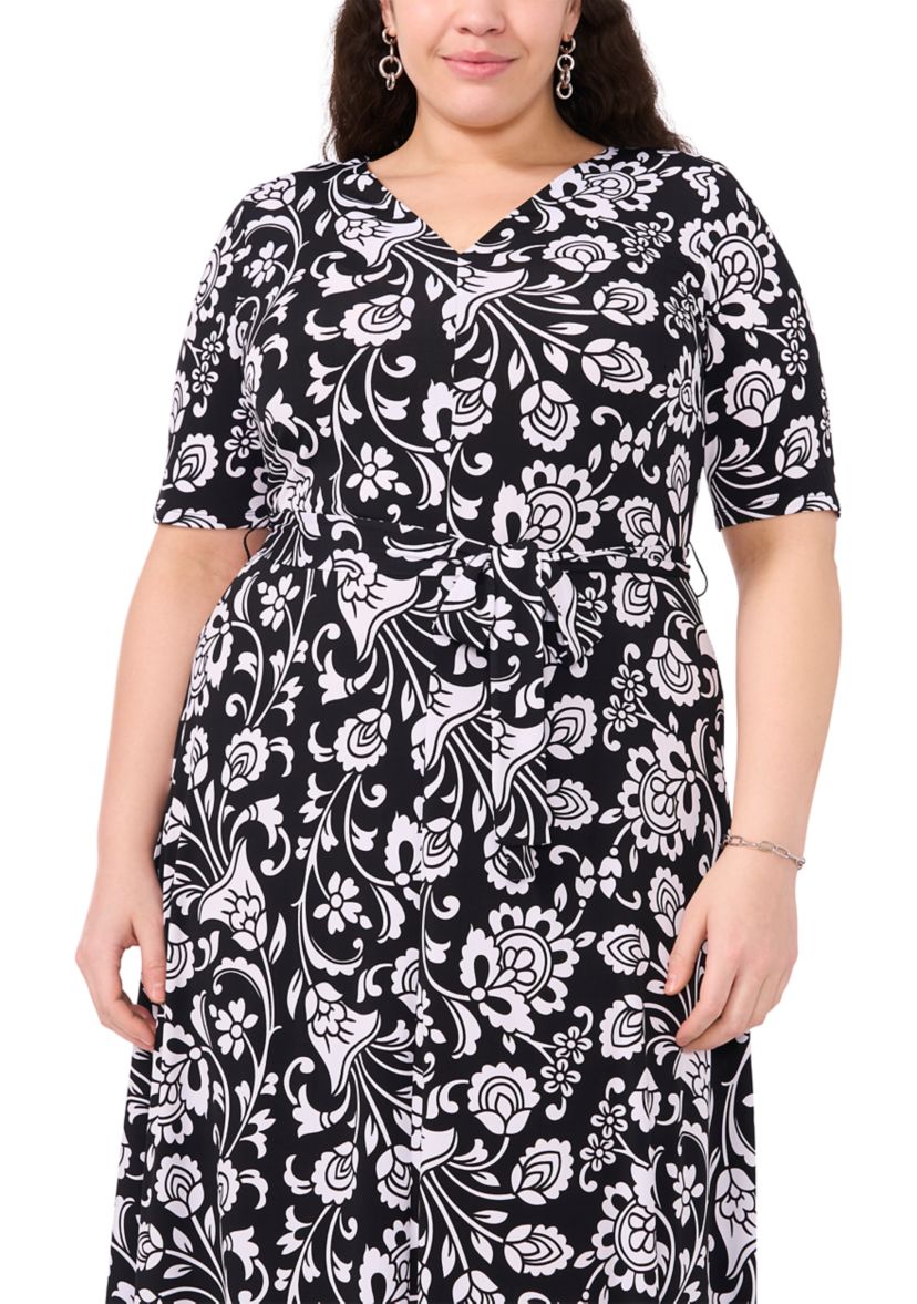 Plus Size Short Sleeve Floral Print Fit and Flare Dress