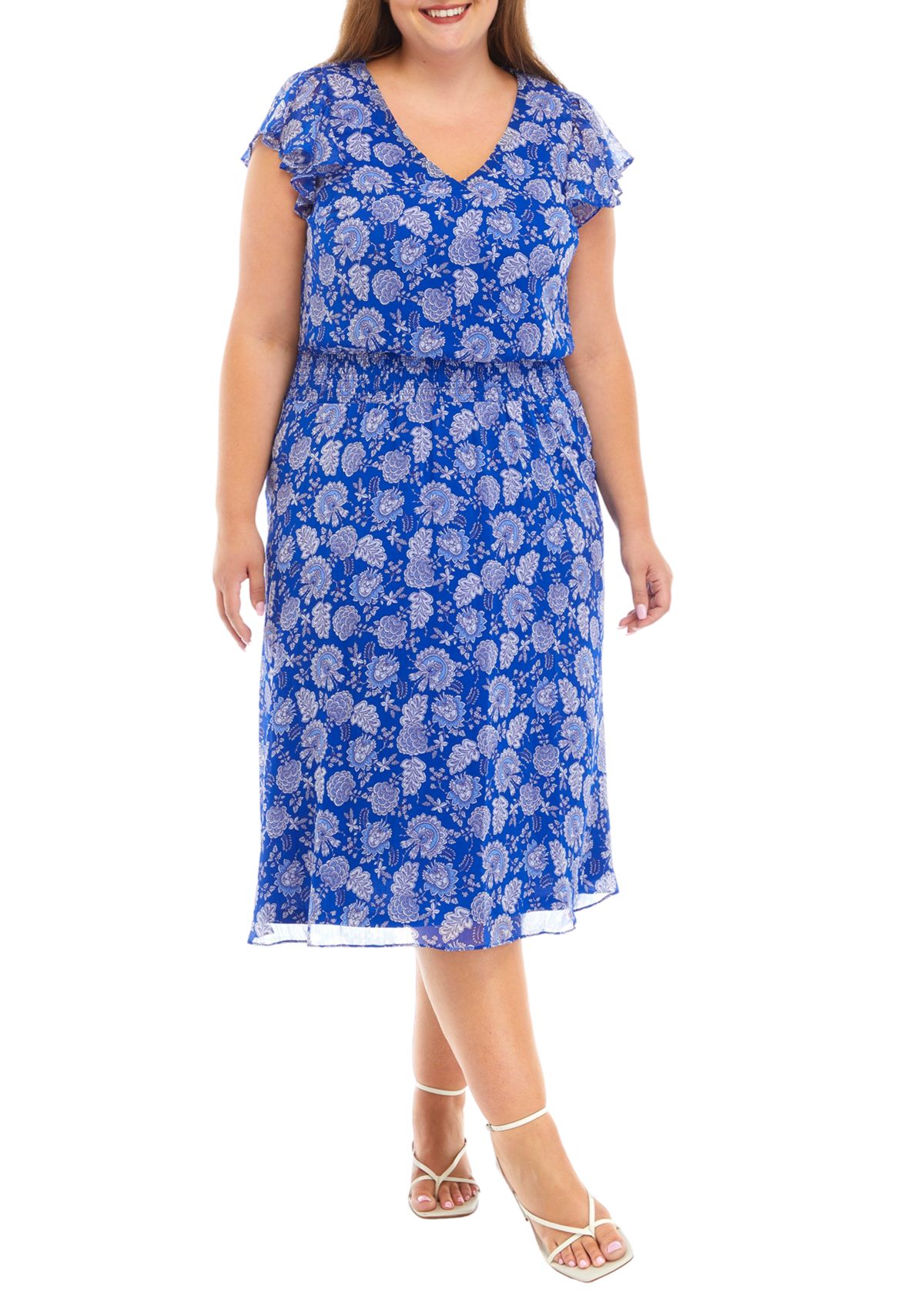 Plus Size Short Sleeve V-Neck Dot Paisley Chiffon Midi Fit and Flare Dress