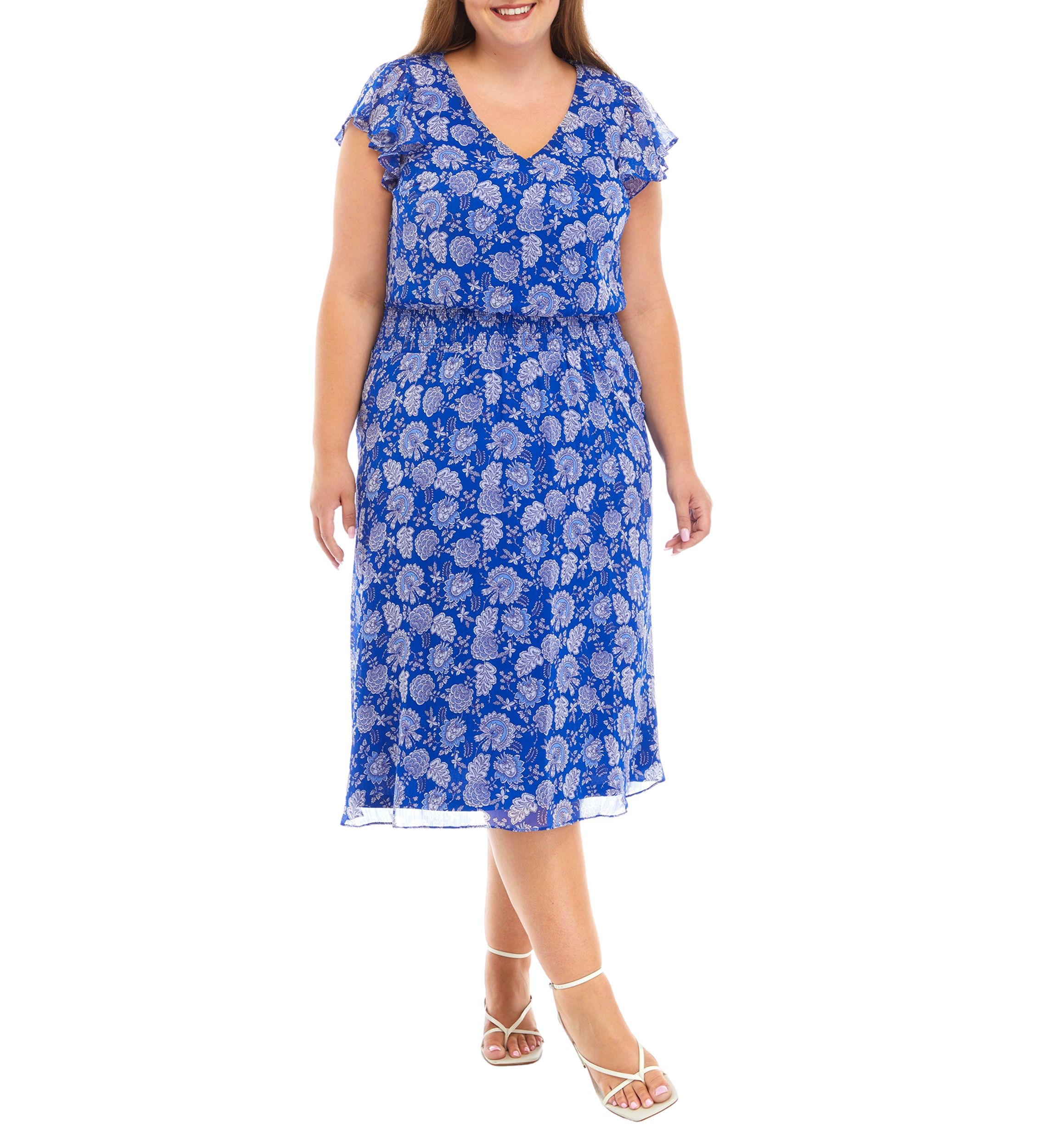 Plus Size Short Sleeve V-Neck Dot Paisley Chiffon Midi Fit and Flare Dress
