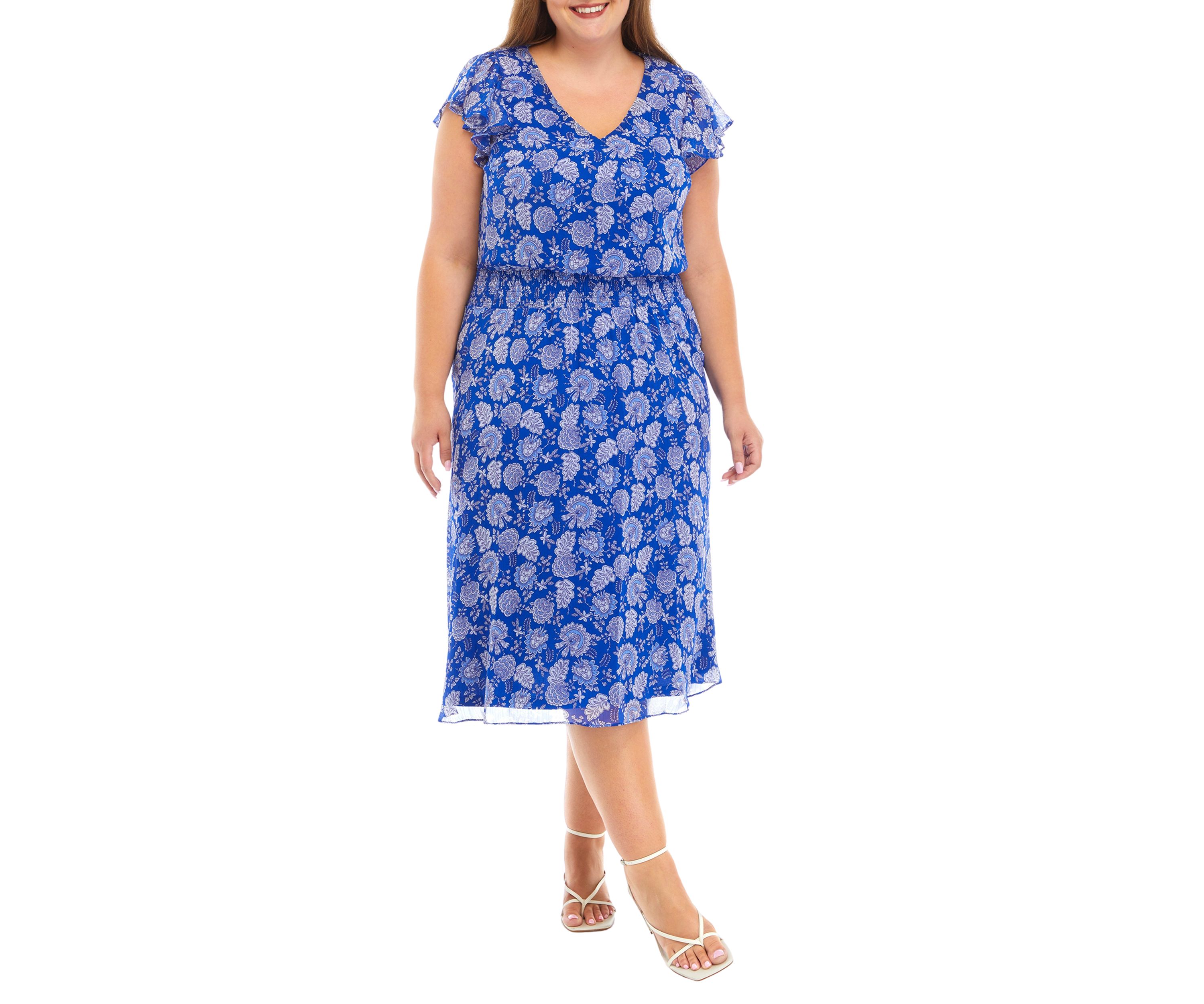 Plus Size Short Sleeve V-Neck Dot Paisley Chiffon Midi Fit and Flare Dress