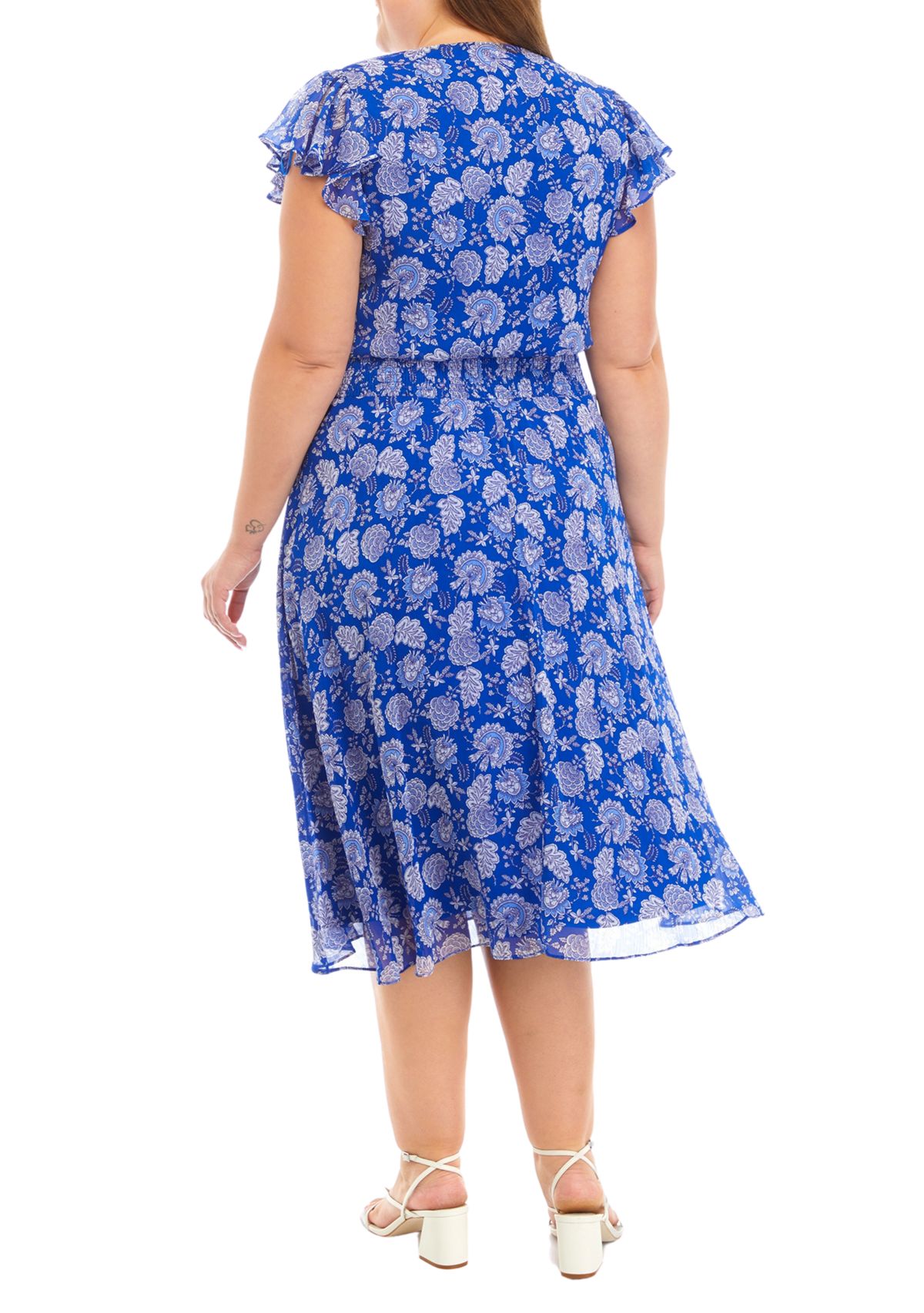Plus Size Short Sleeve V-Neck Dot Paisley Chiffon Midi Fit and Flare Dress