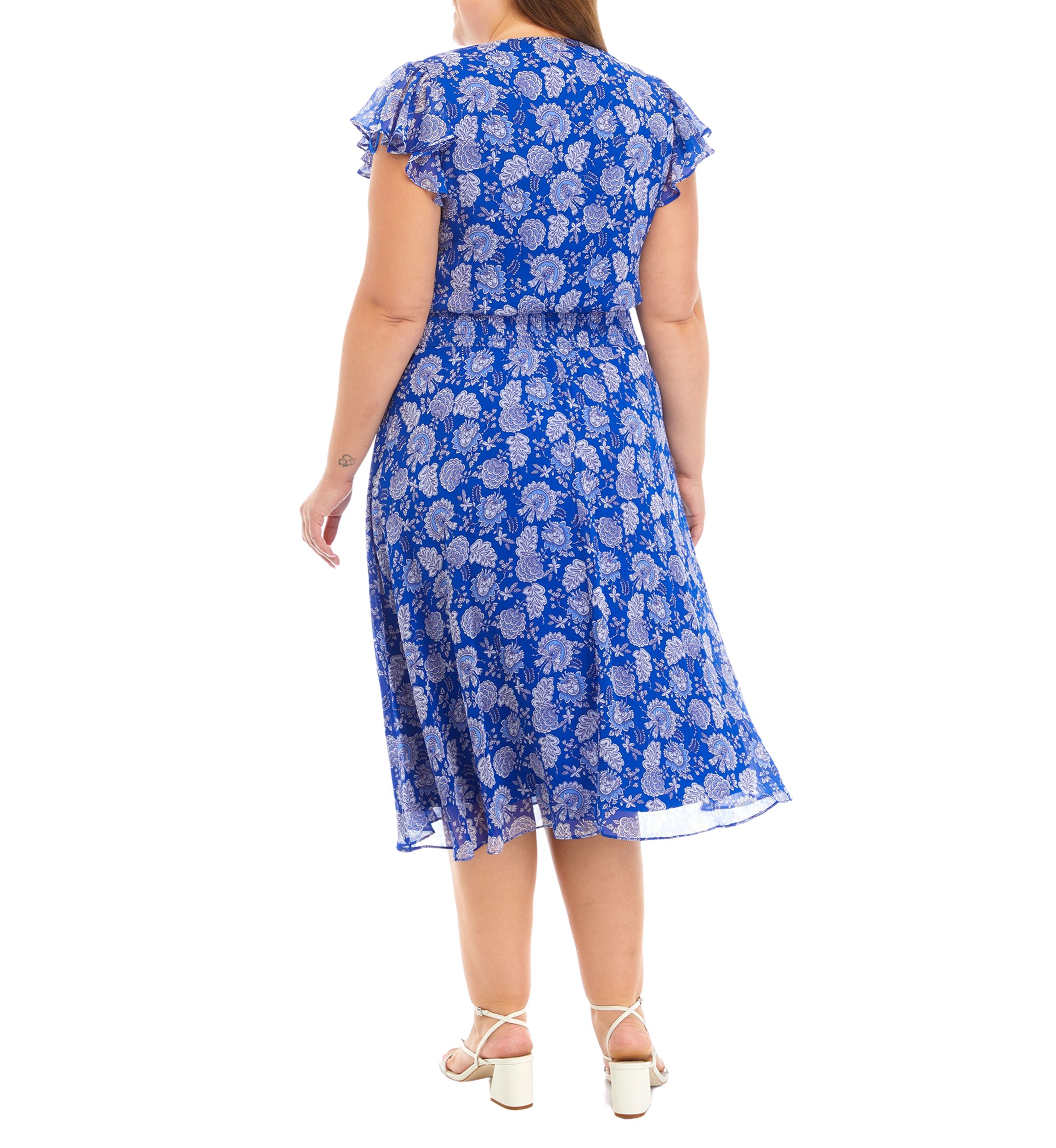 Plus Size Short Sleeve V-Neck Dot Paisley Chiffon Midi Fit and Flare Dress