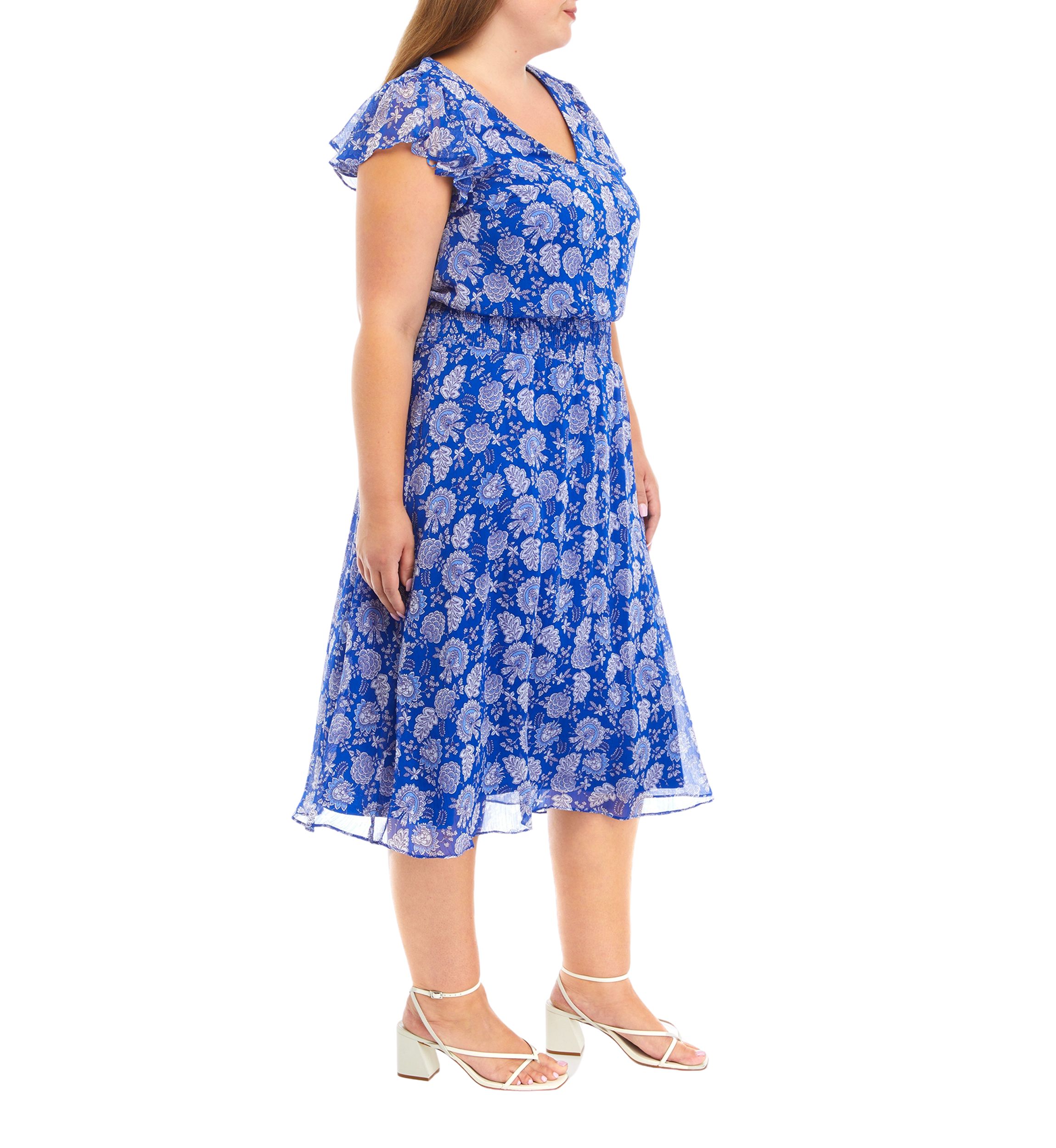 Plus Size Short Sleeve V-Neck Dot Paisley Chiffon Midi Fit and Flare Dress