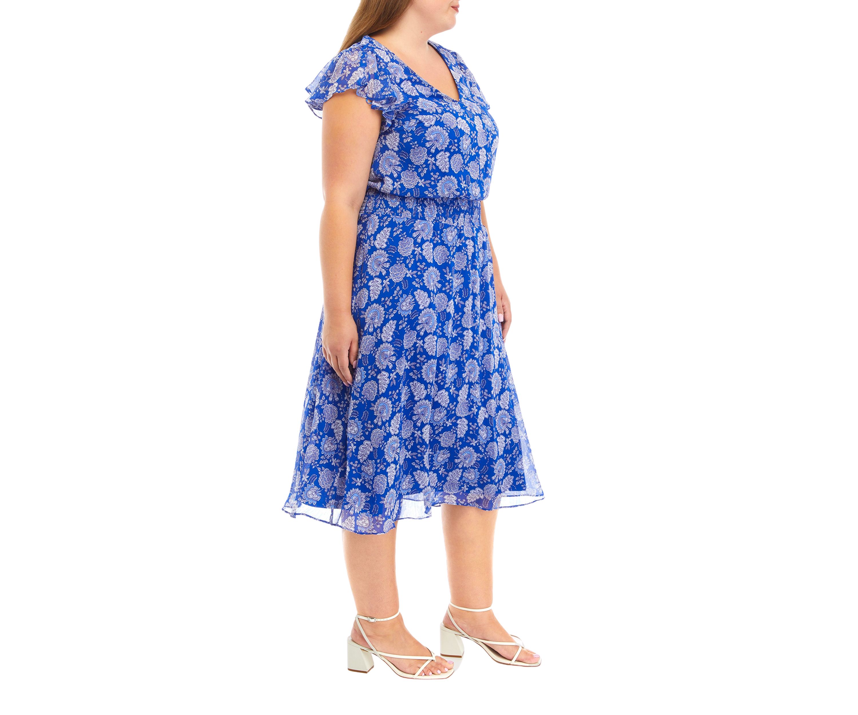 Plus Size Short Sleeve V-Neck Dot Paisley Chiffon Midi Fit and Flare Dress