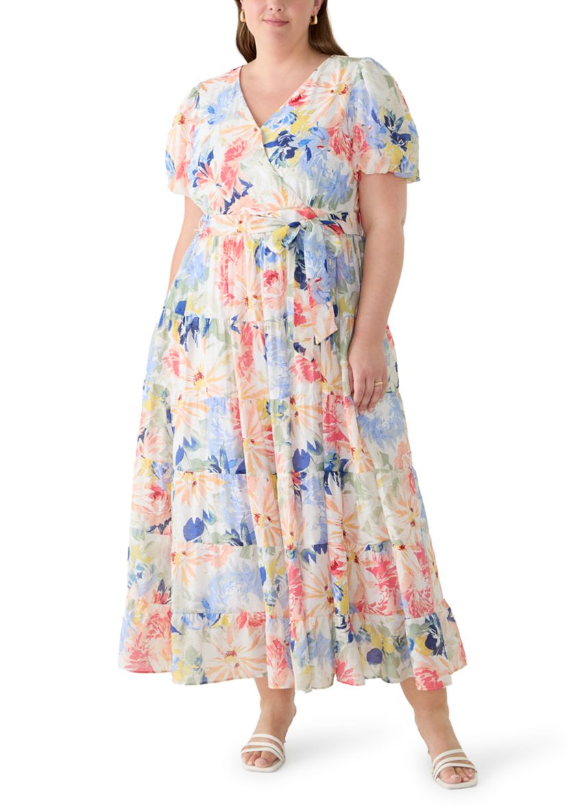 msk maxi dresses MSK Women's Plus Size Floral Short Sleeve Tiered Maxi Dress, 1X