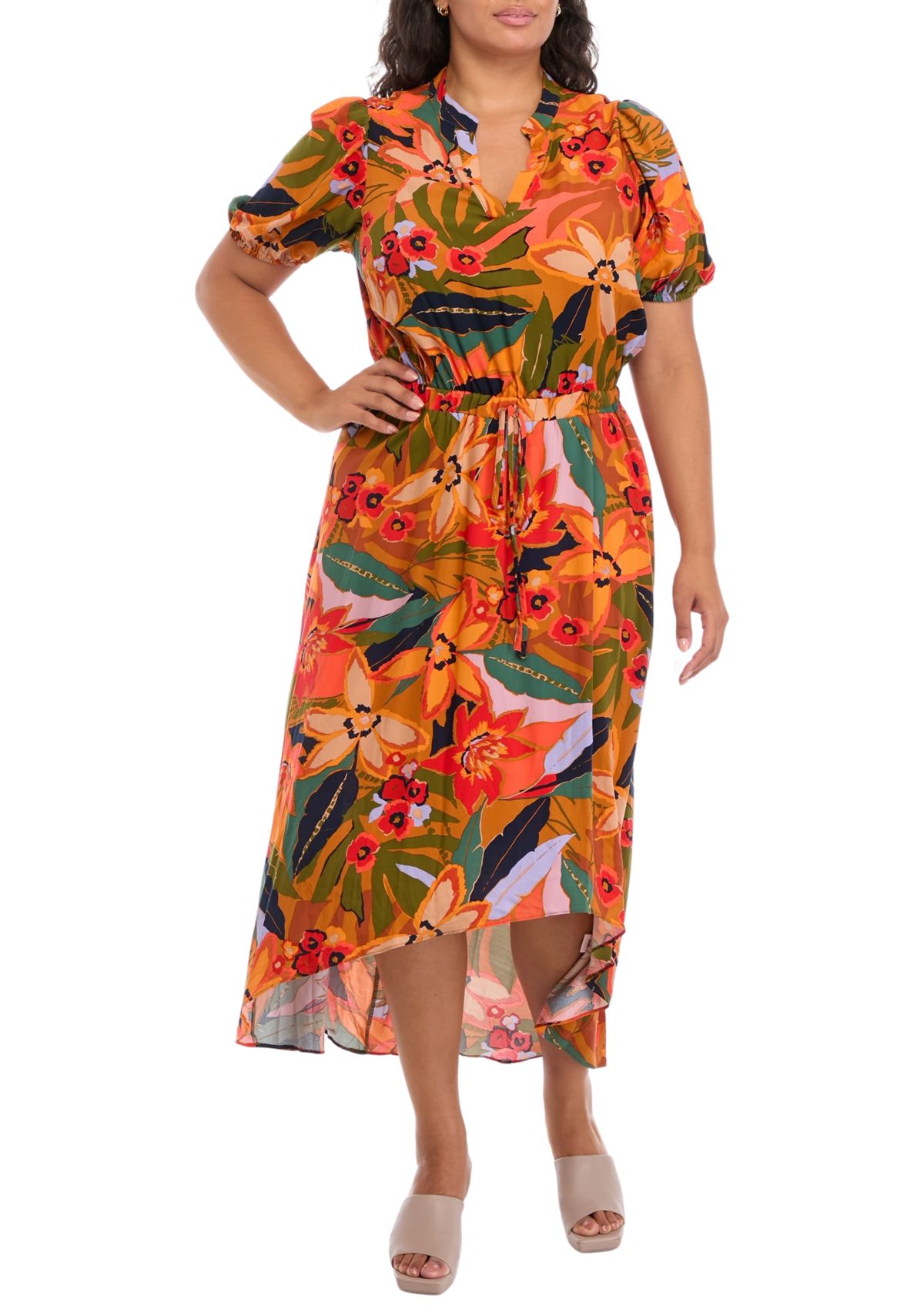 Plus Size Puff Sleeve Printed V-Neck Maxi Dress