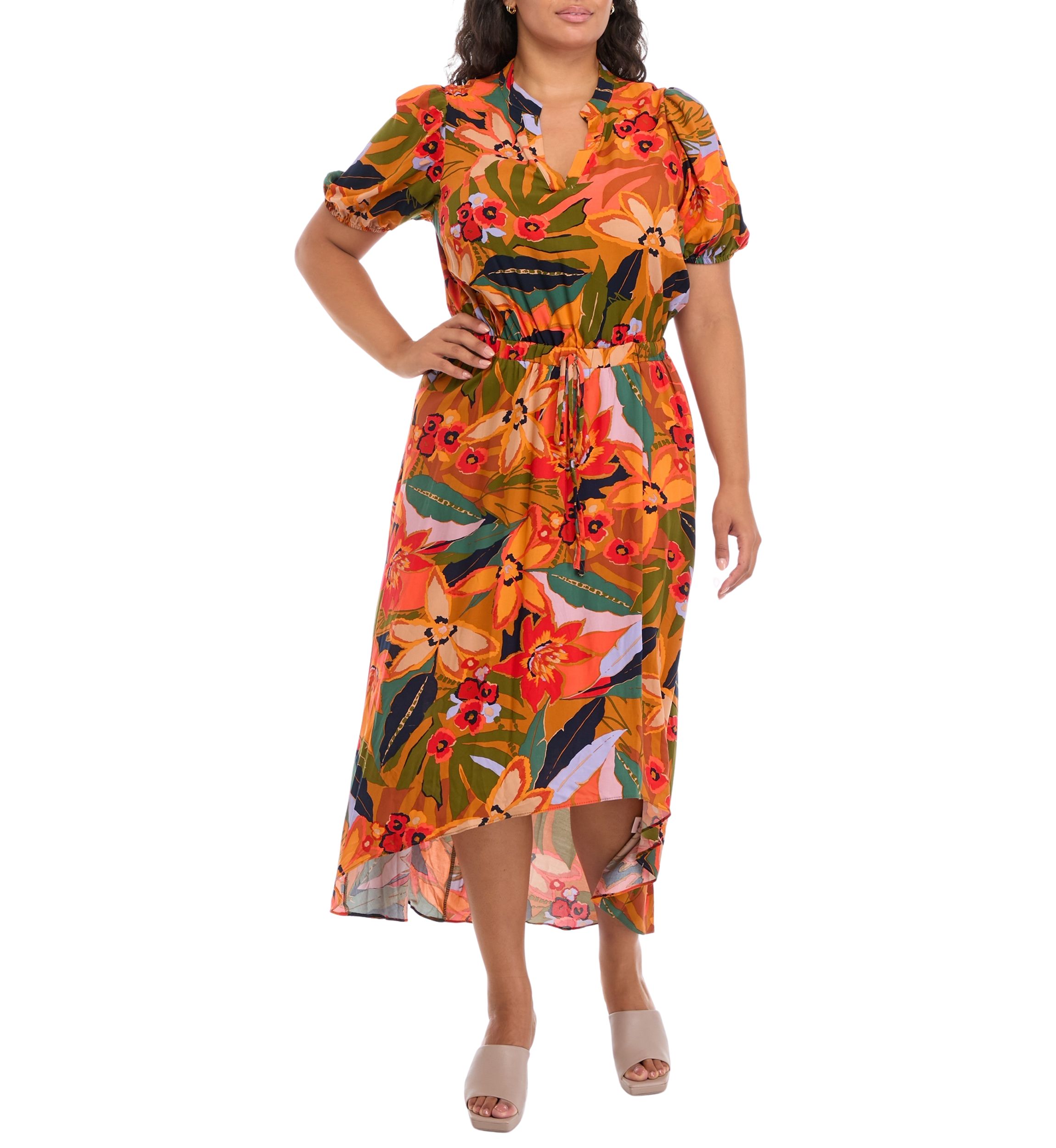 Plus Size Puff Sleeve Printed V-Neck Maxi Dress