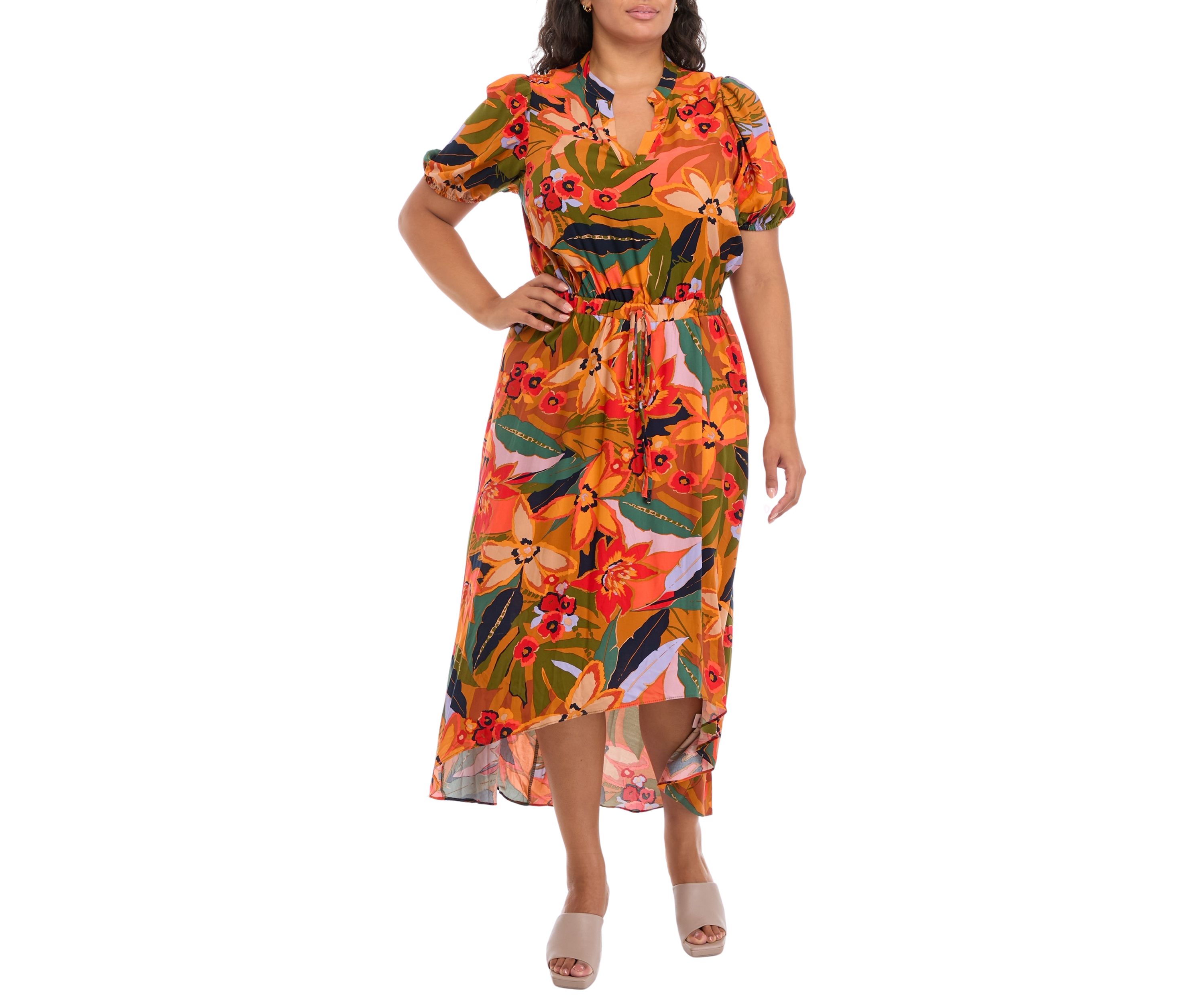 Plus Size Puff Sleeve Printed V-Neck Maxi Dress