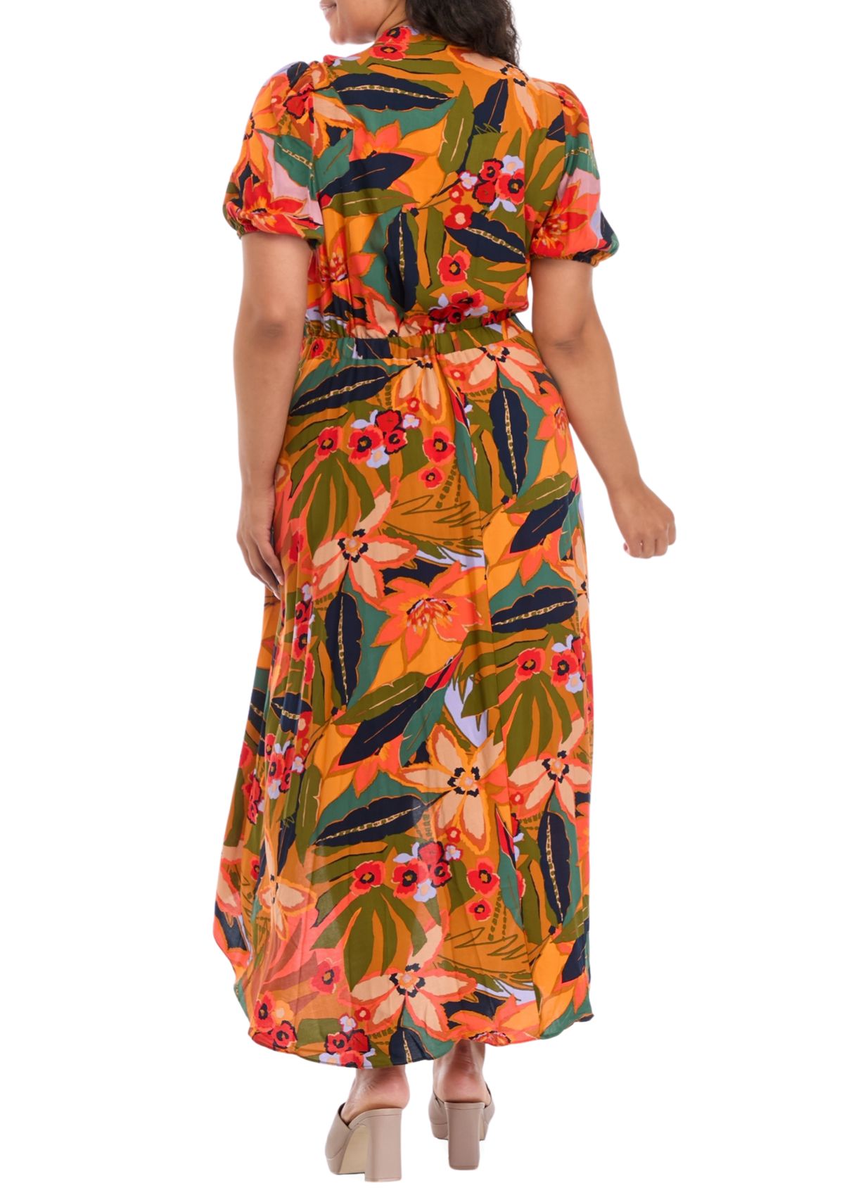 Plus Size Puff Sleeve Printed V-Neck Maxi Dress