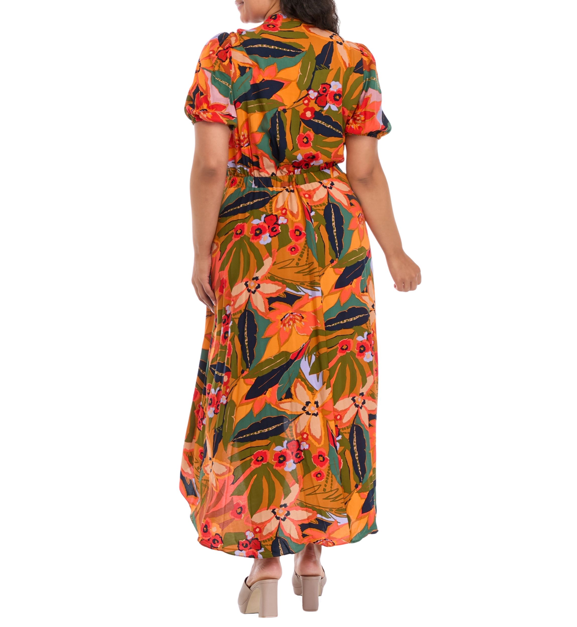Plus Size Puff Sleeve Printed V-Neck Maxi Dress
