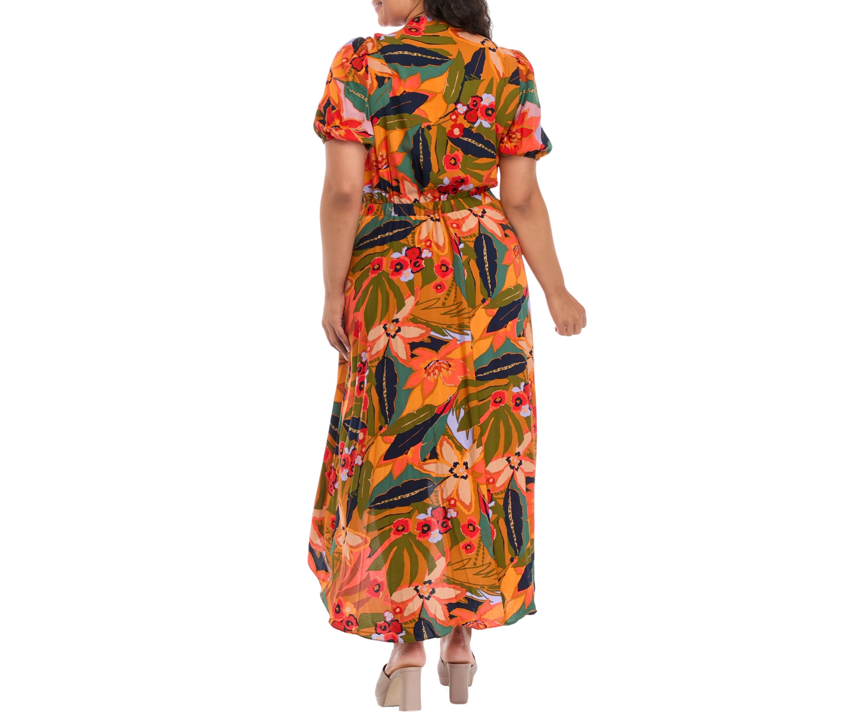 Plus Size Puff Sleeve Printed V-Neck Maxi Dress