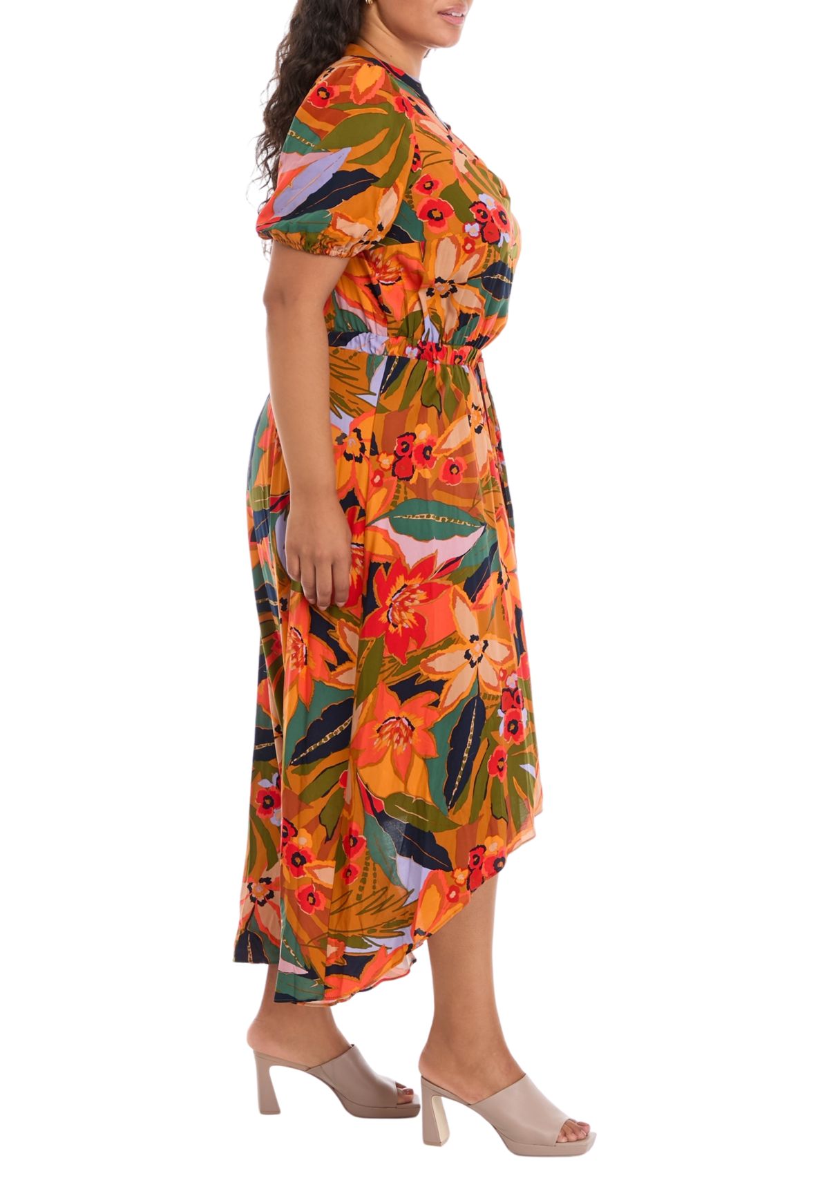 Plus Size Puff Sleeve Printed V-Neck Maxi Dress
