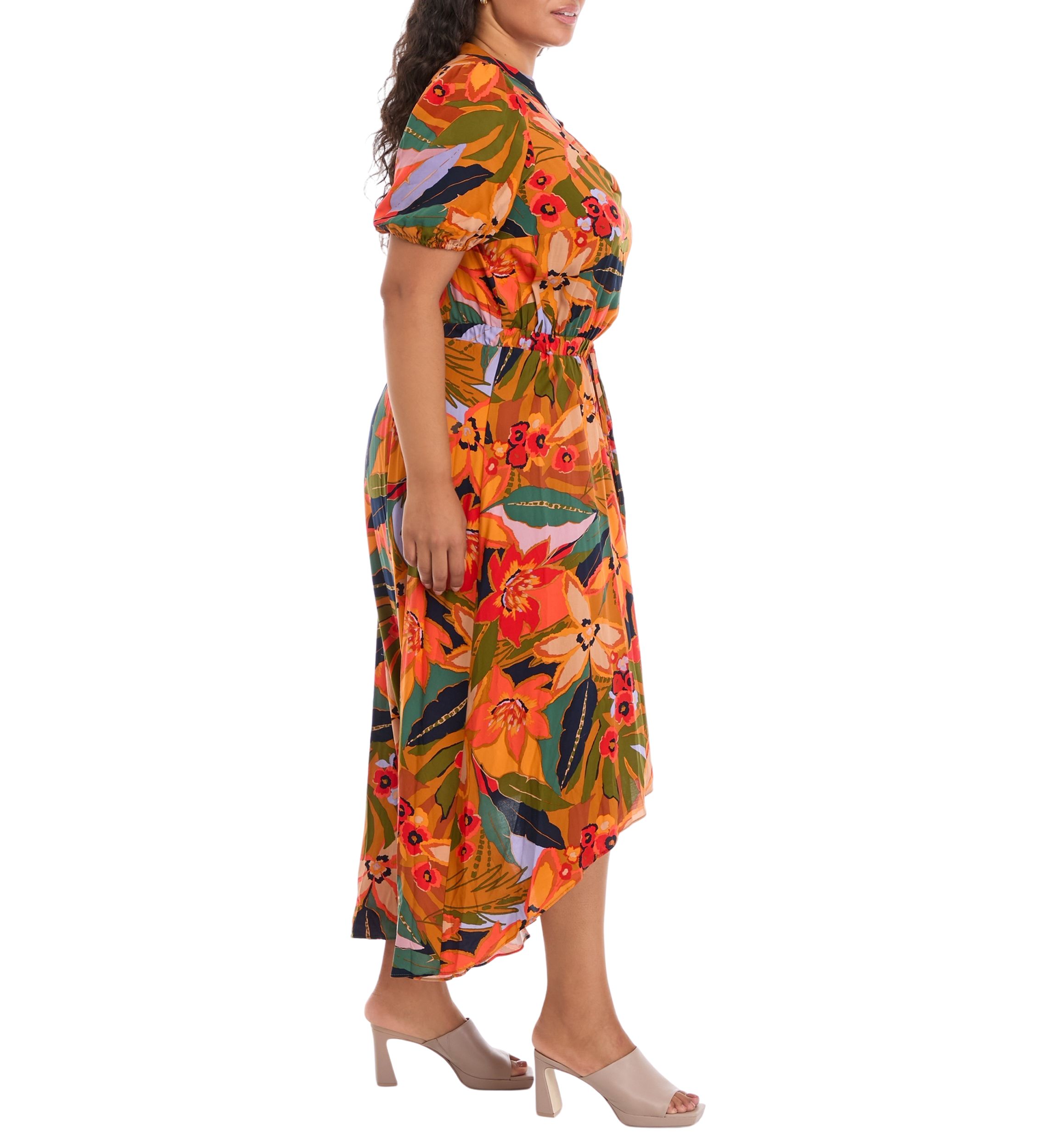 Plus Size Puff Sleeve Printed V-Neck Maxi Dress