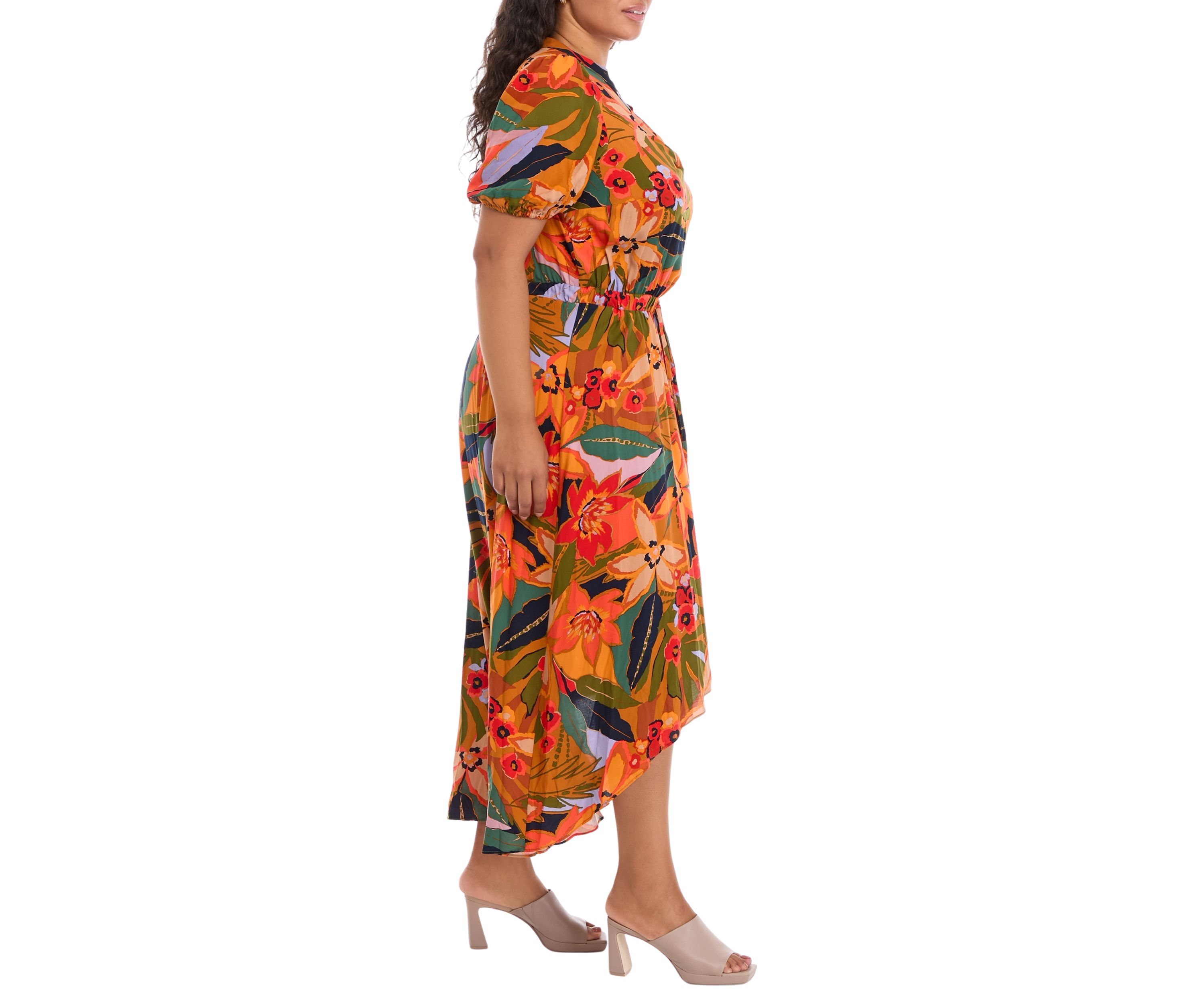 Plus Size Puff Sleeve Printed V-Neck Maxi Dress