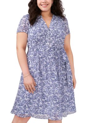 MSK Women's Plus Size V-Neck Printed Chiffon Fit and Flare Dress