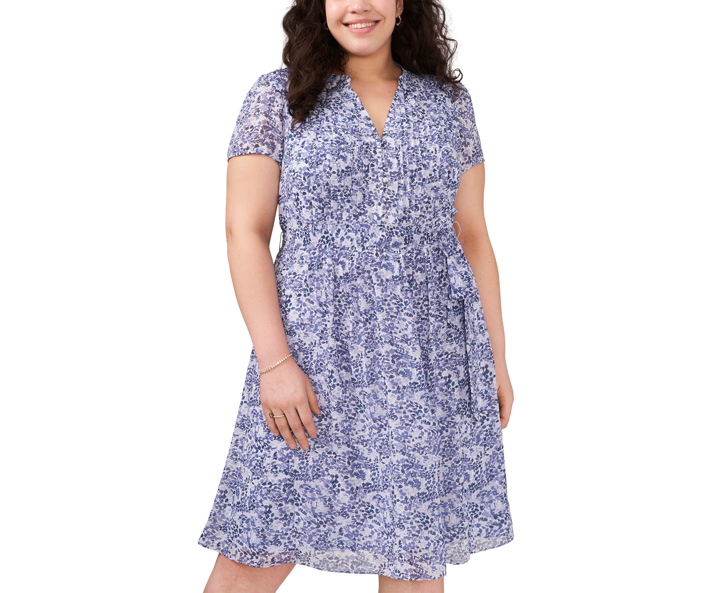 Plus Size V-Neck Printed Chiffon Fit and Flare Dress