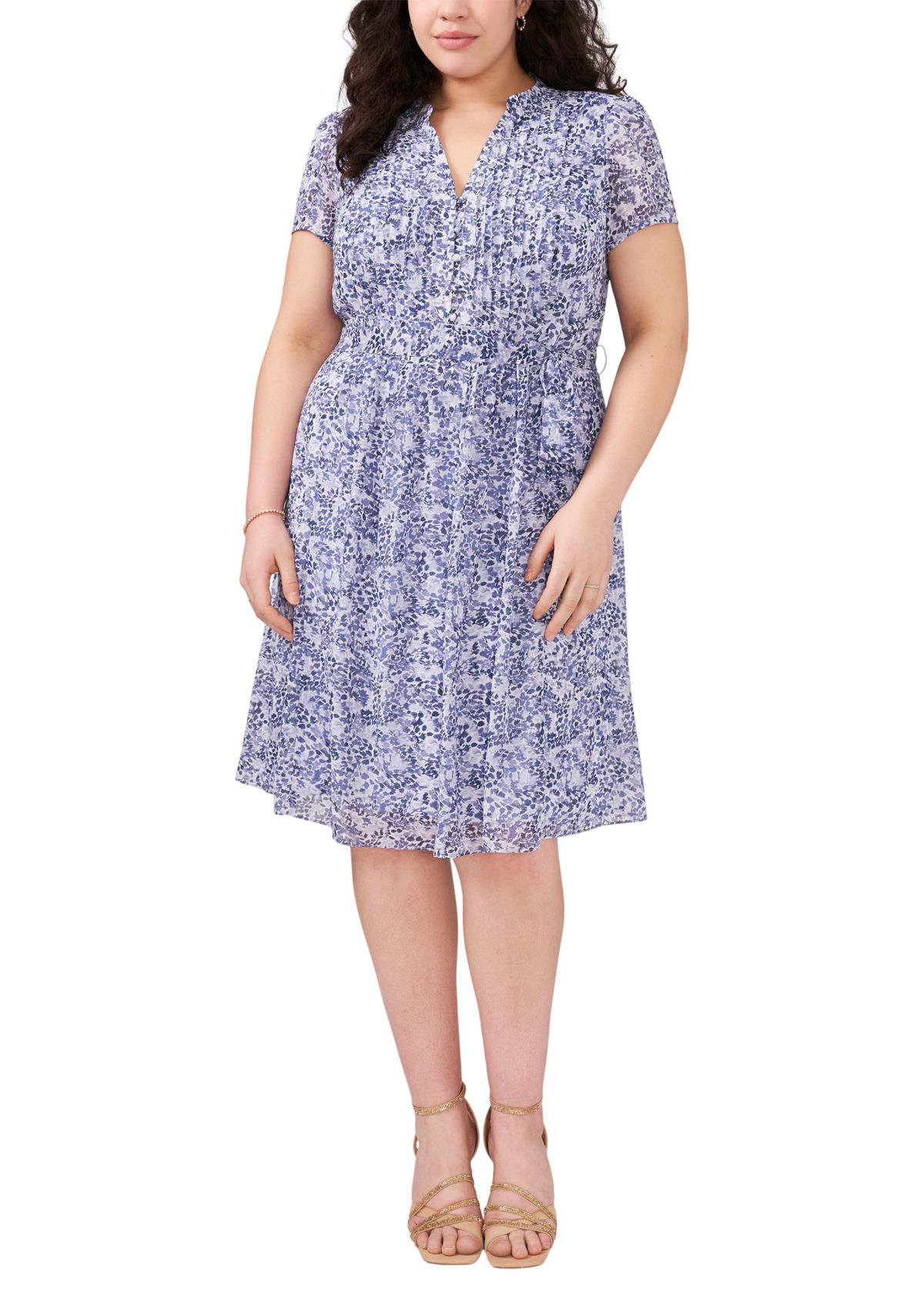 Plus Size V-Neck Printed Chiffon Fit and Flare Dress