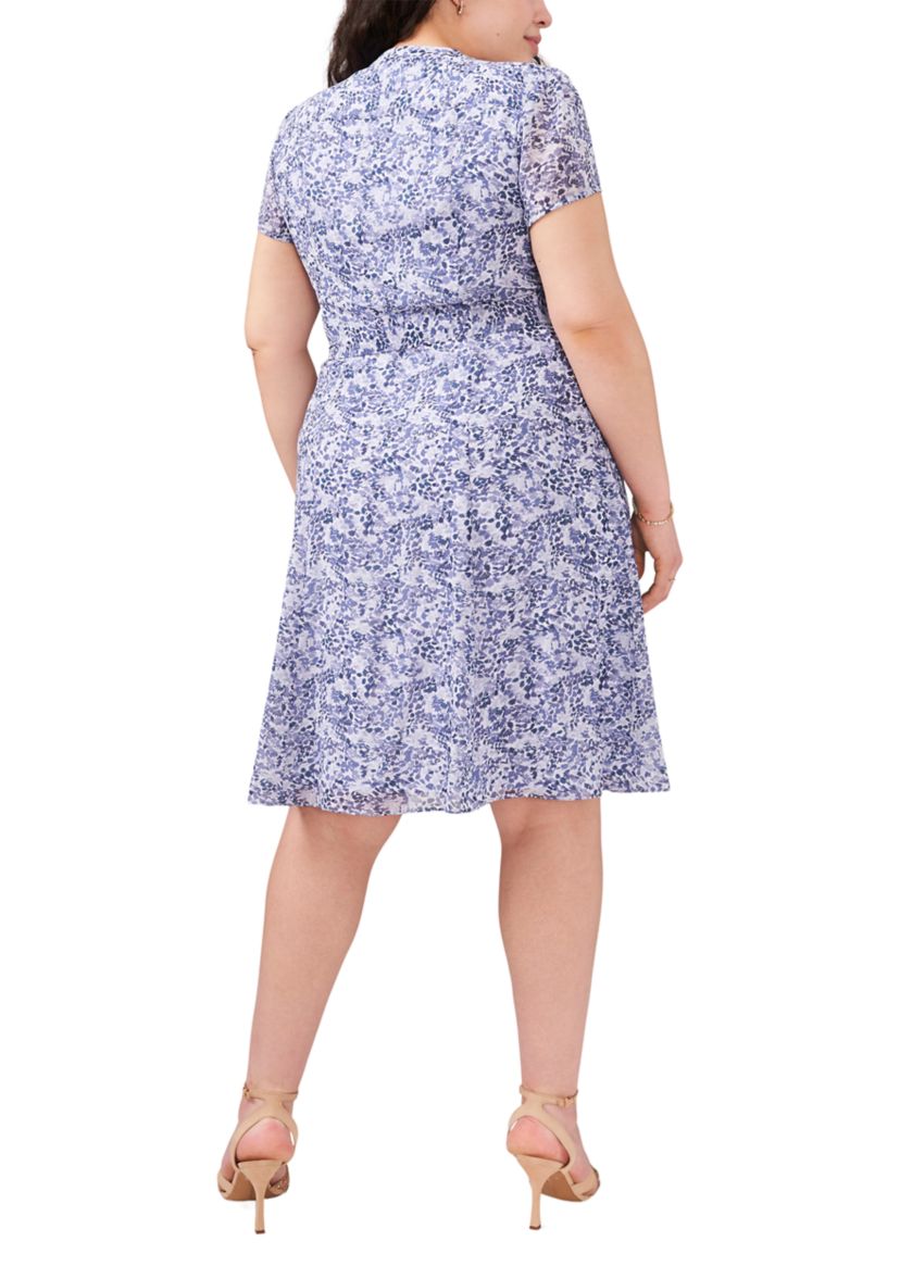 Plus Size V-Neck Printed Chiffon Fit and Flare Dress