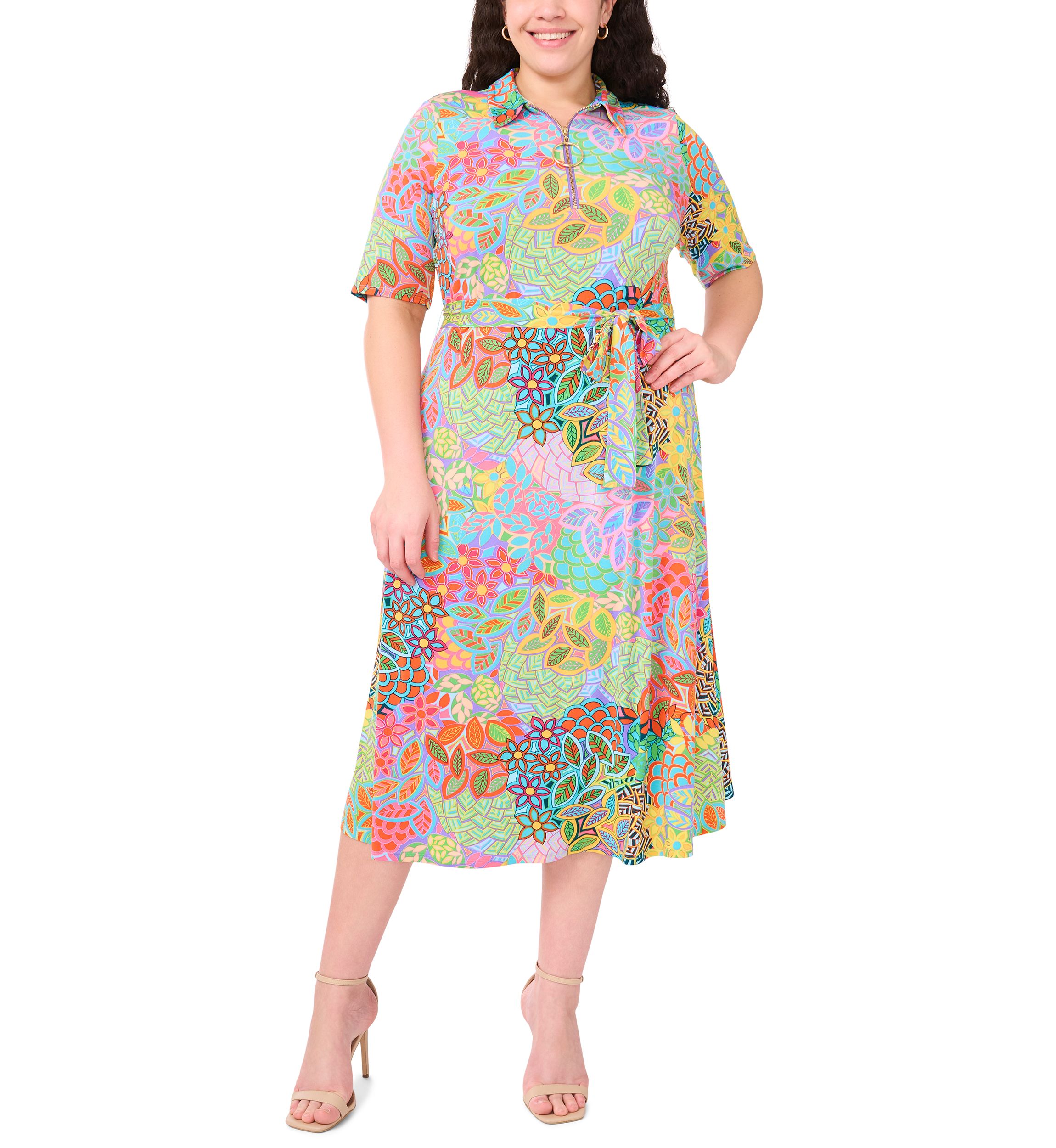 Plus Size Short Sleeve Collar Tie Waist Peacock Dress