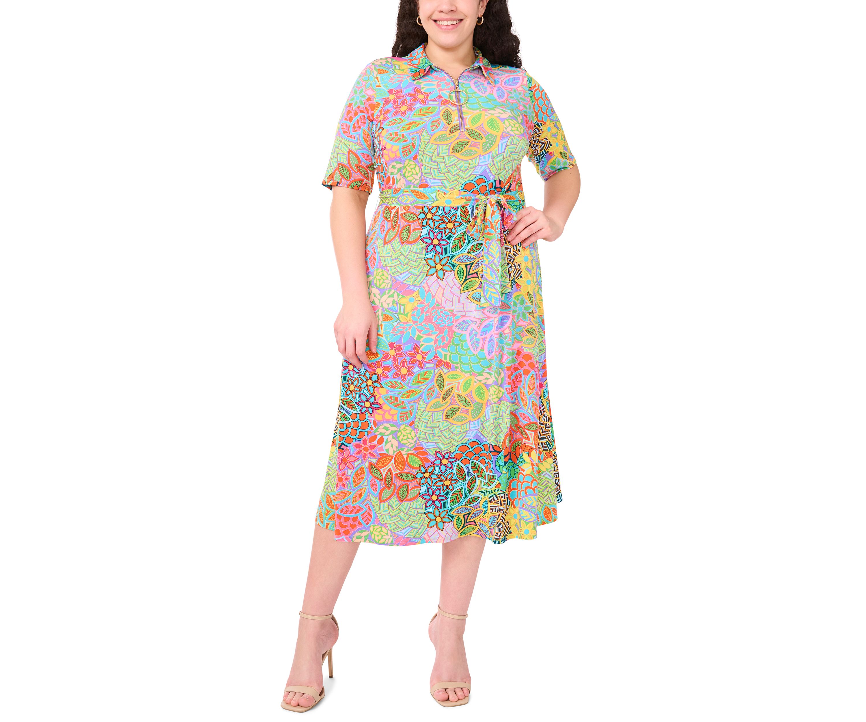 Plus Size Short Sleeve Collar Tie Waist Peacock Dress