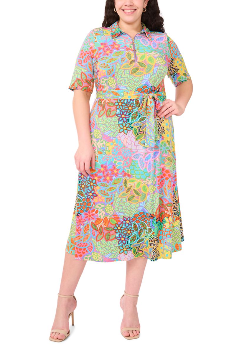 Plus Size Short Sleeve Collar Tie Waist Peacock Dress