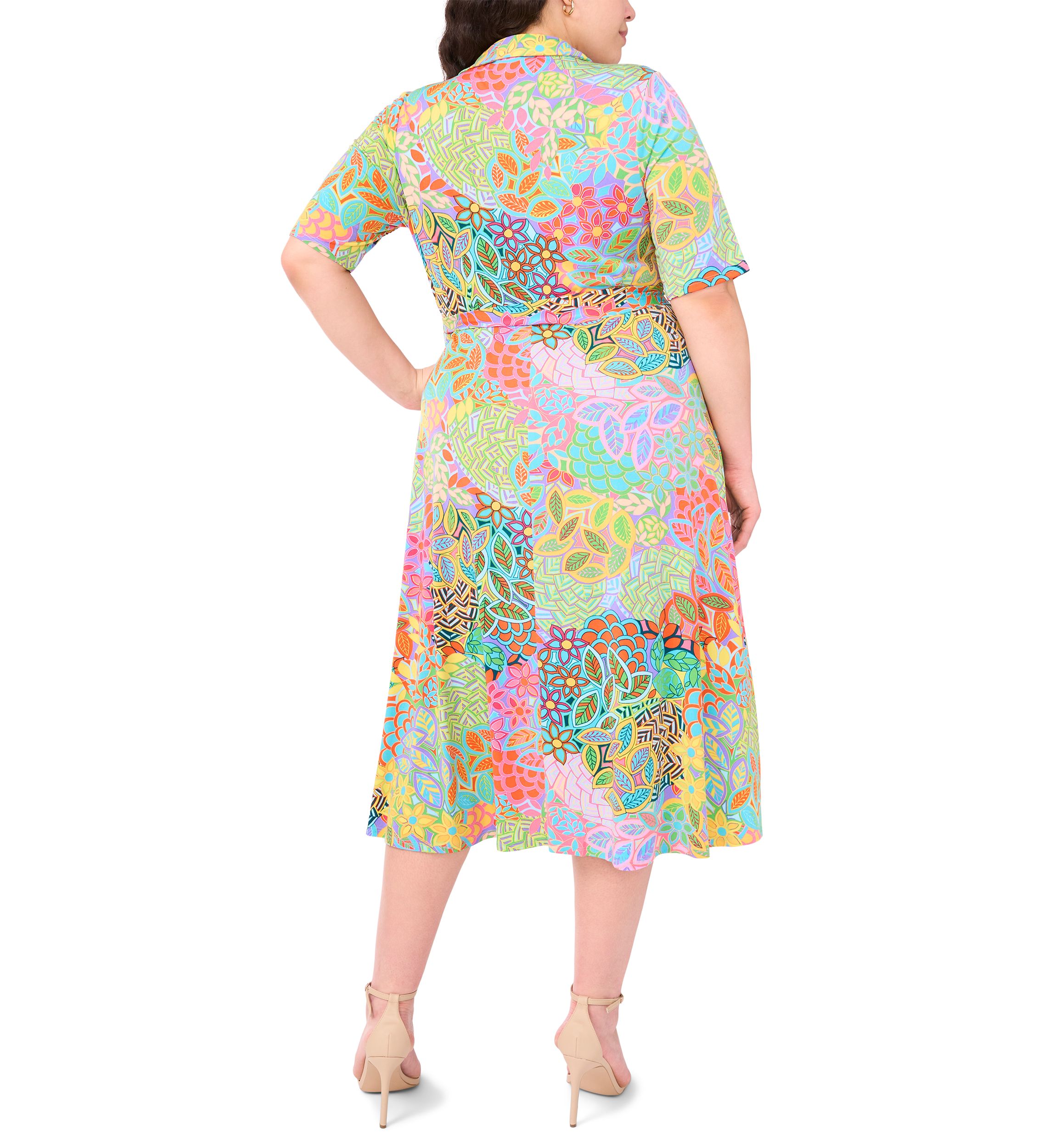 Plus Size Short Sleeve Collar Tie Waist Peacock Dress