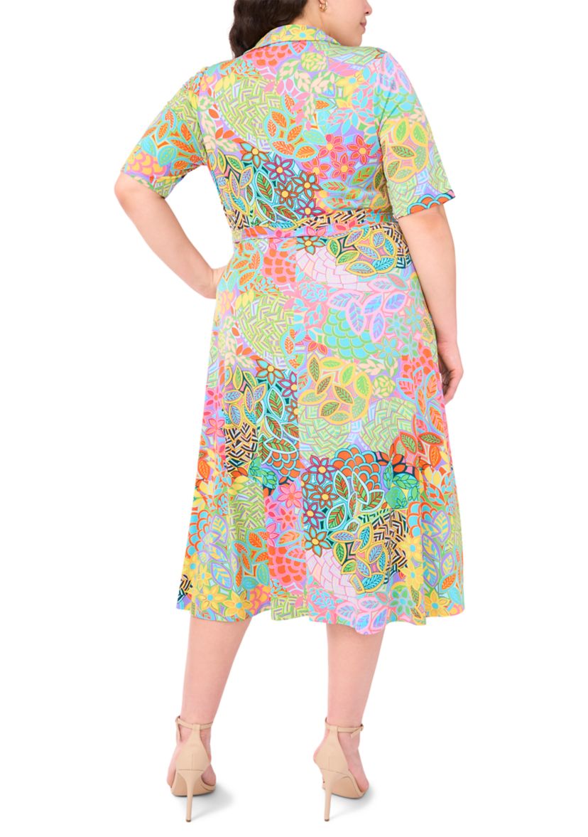 Plus Size Short Sleeve Collar Tie Waist Peacock Dress
