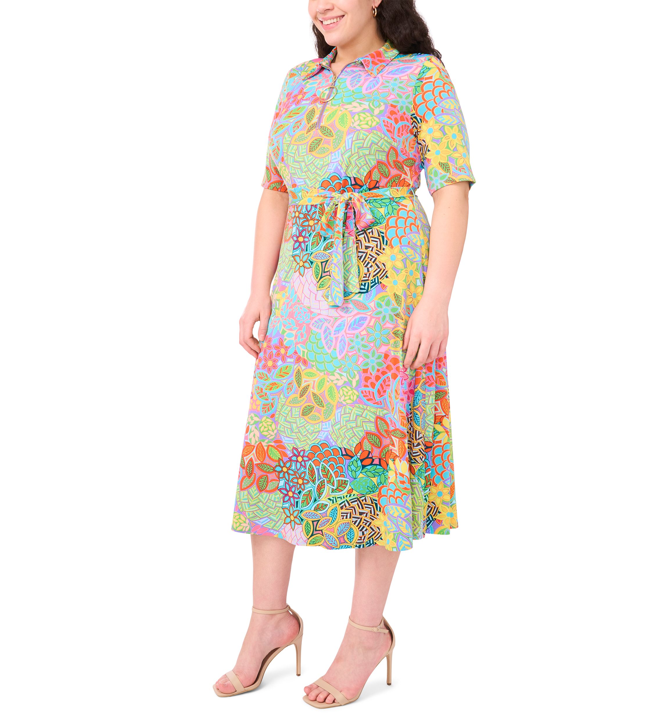 Plus Size Short Sleeve Collar Tie Waist Peacock Dress