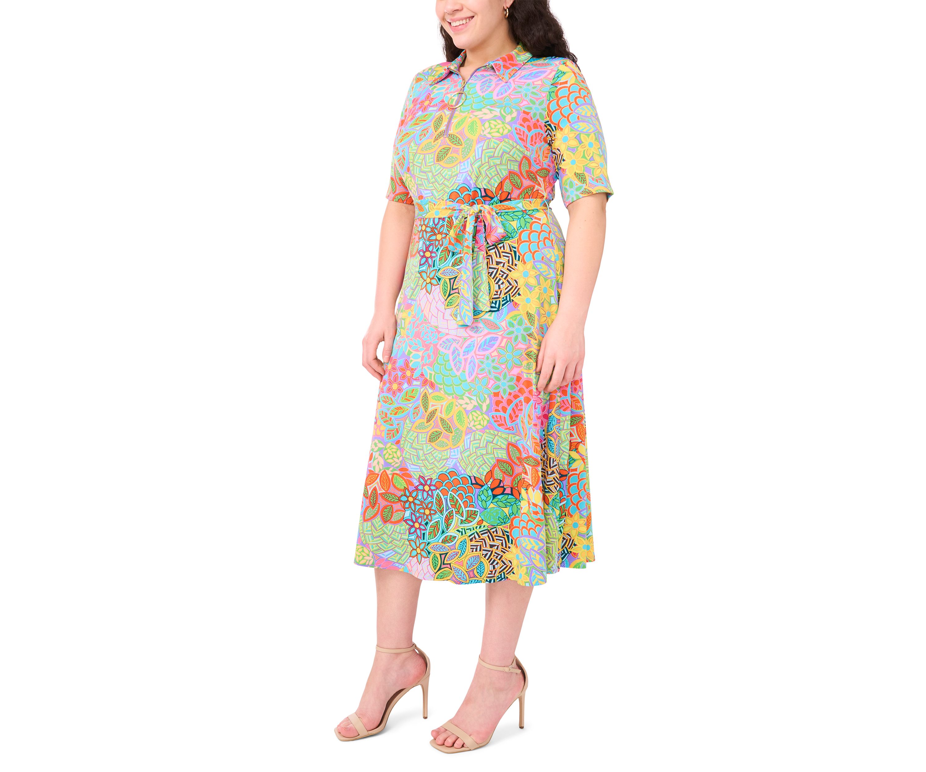 Plus Size Short Sleeve Collar Tie Waist Peacock Dress