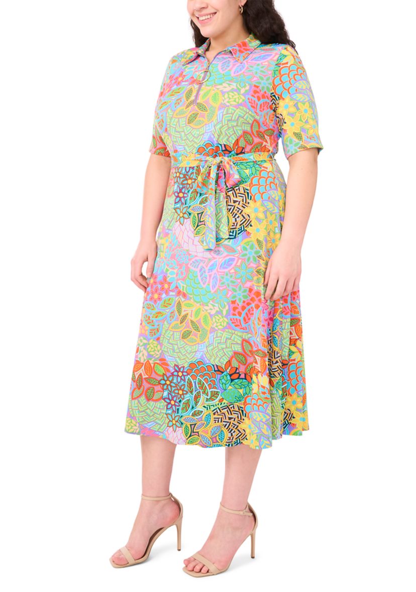 Plus Size Short Sleeve Collar Tie Waist Peacock Dress