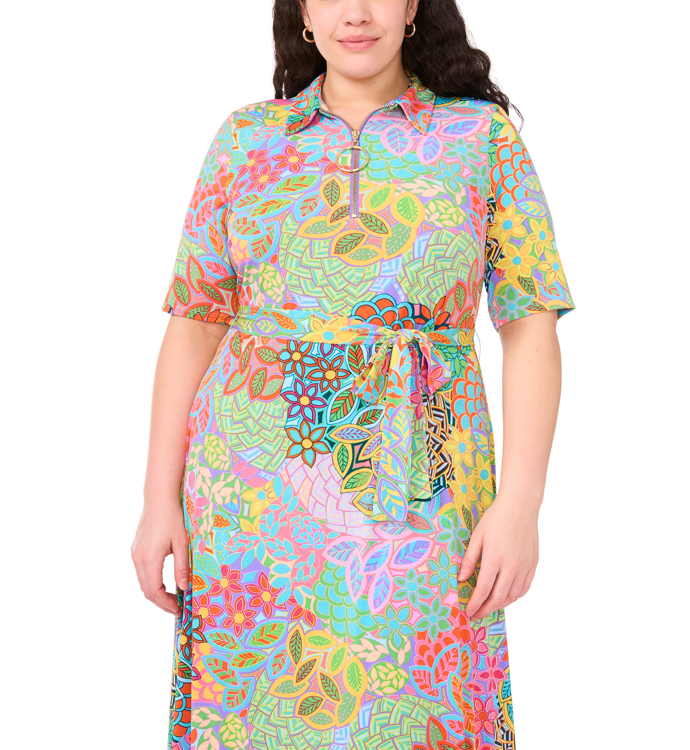 Plus Size Short Sleeve Collar Tie Waist Peacock Dress