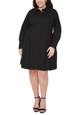 MSK Women's Plus Size Long Sleeve Collar Neck Solid Cotton Shirtdress, Black, 3X