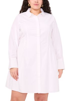 MSK Women's Plus Size Long Sleeve Collar Neck Solid Cotton Shirtdress, White, 3X