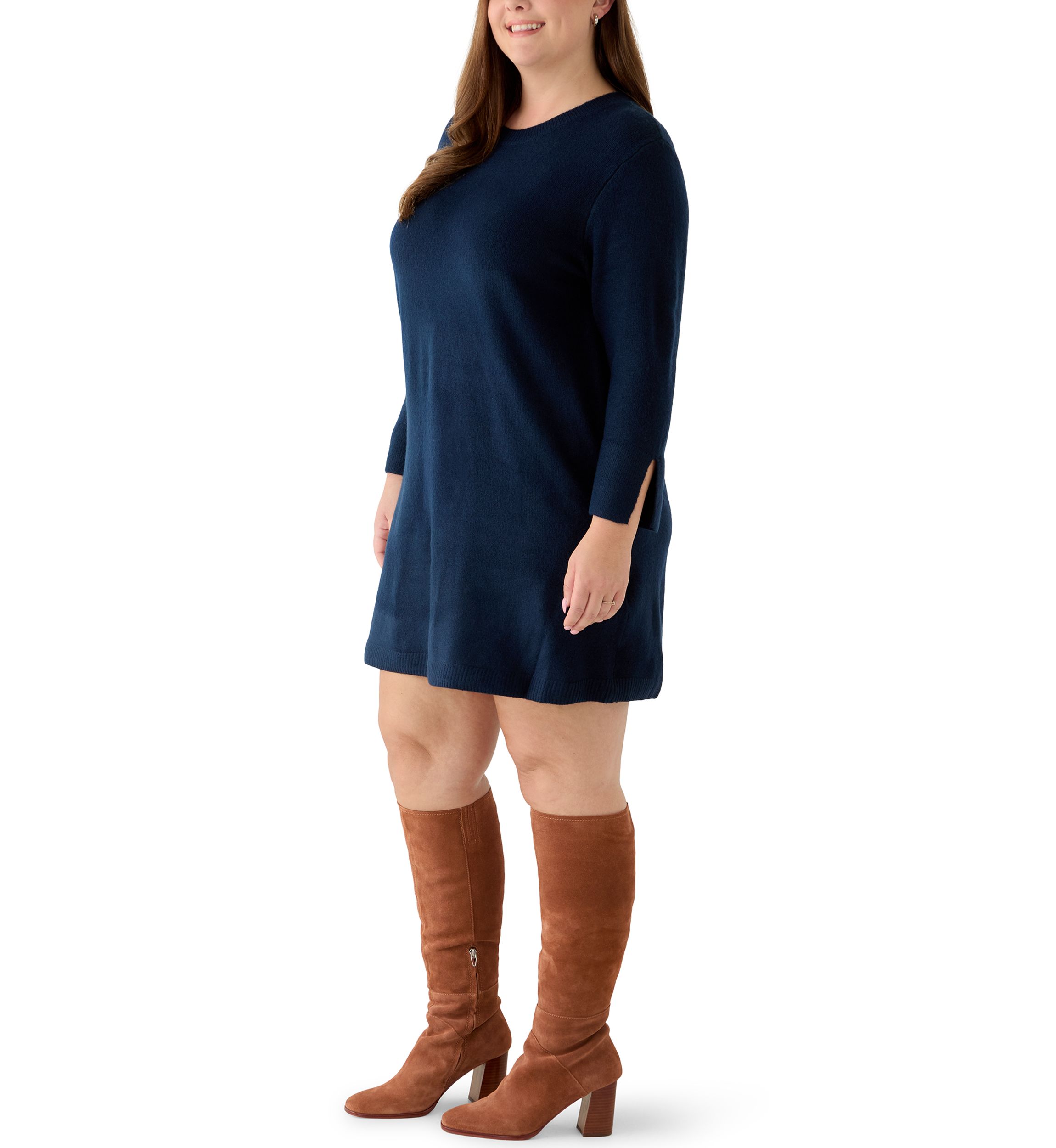 knee length plus size sweater dress Plus Size Women's Ribbed Knit Sweater Dress Knee-Length Button Front Brown 2X