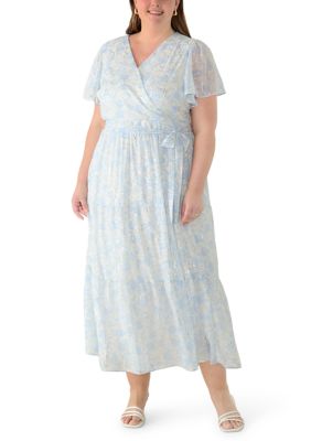 MSK Women's Plus Short Sleeve V-Neck Floral Midi Dress, 3X