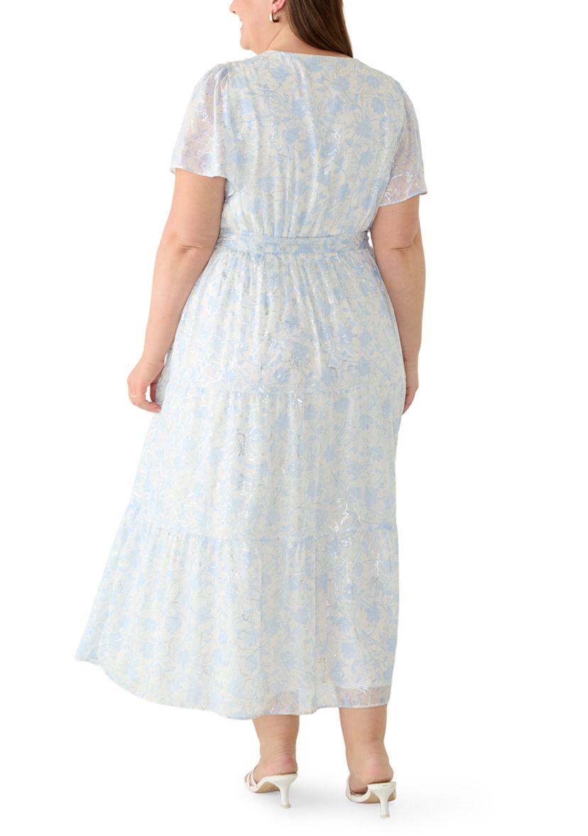 MSK Women's Plus Short Sleeve V-Neck Floral Midi Dress, 1X