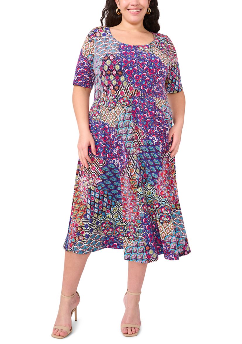 Plus Size Short Sleeve Scoop Neck Abstract Print Midi Dress