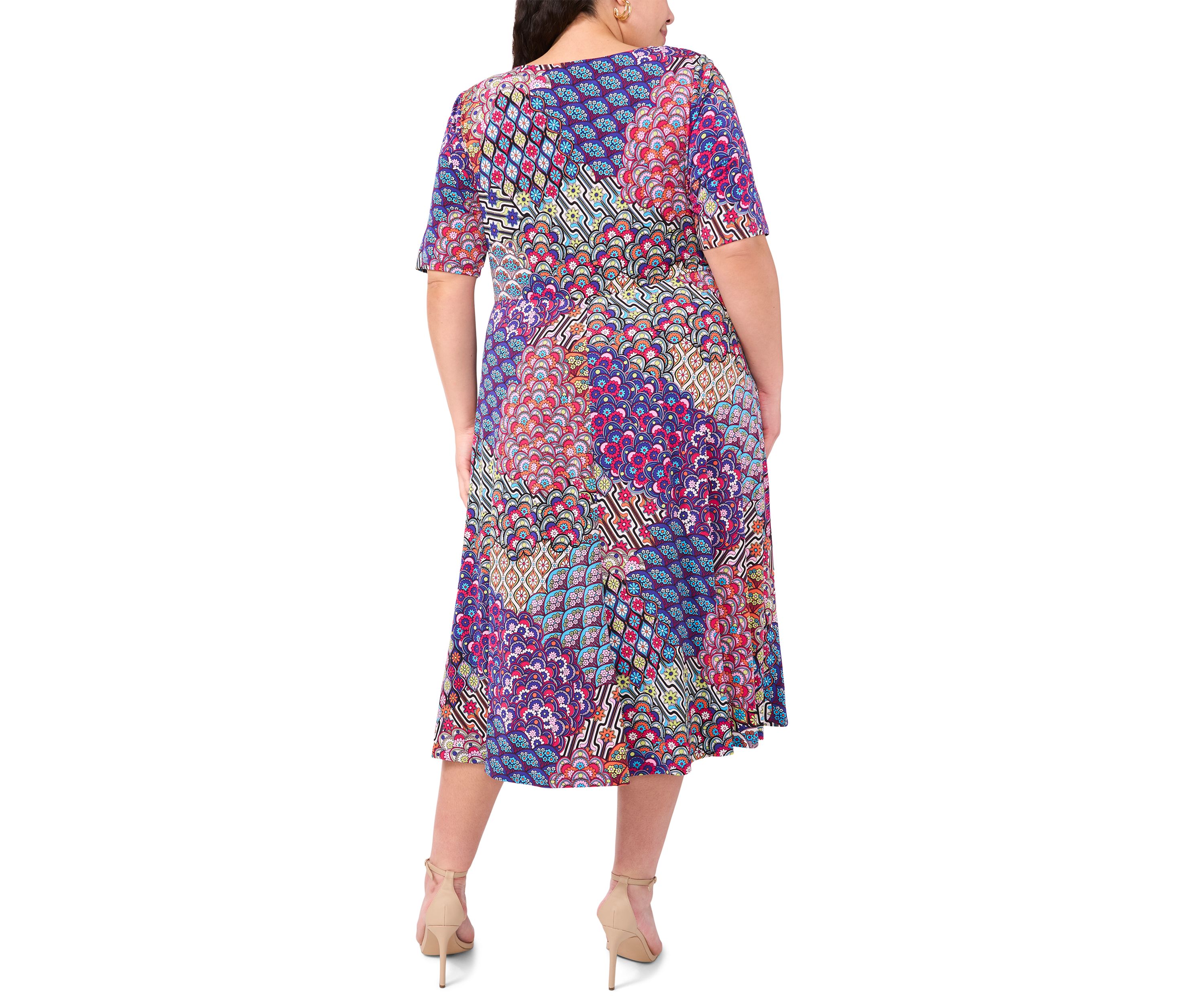 Plus Size Short Sleeve Scoop Neck Abstract Print Midi Dress