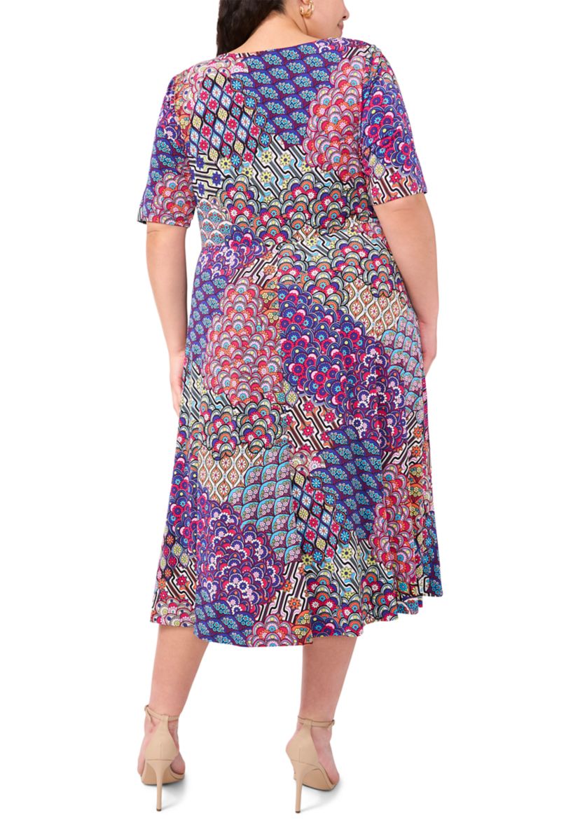 Plus Size Short Sleeve Scoop Neck Abstract Print Midi Dress