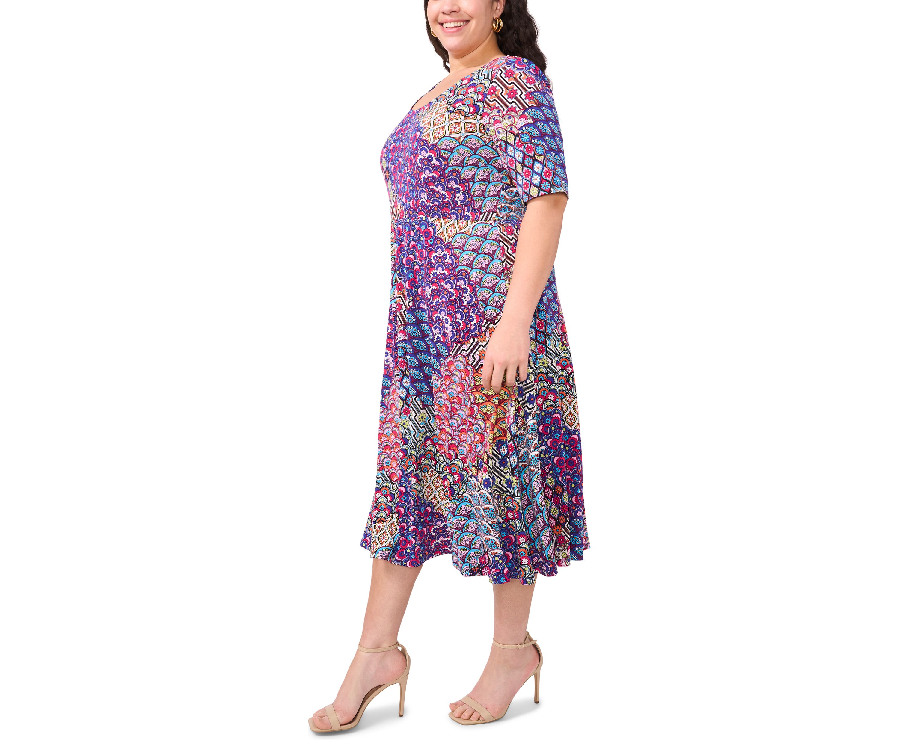 Plus Size Short Sleeve Scoop Neck Abstract Print Midi Dress
