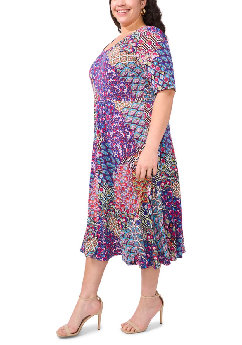 Plus Size Short Sleeve Scoop Neck Abstract Print Midi Dress