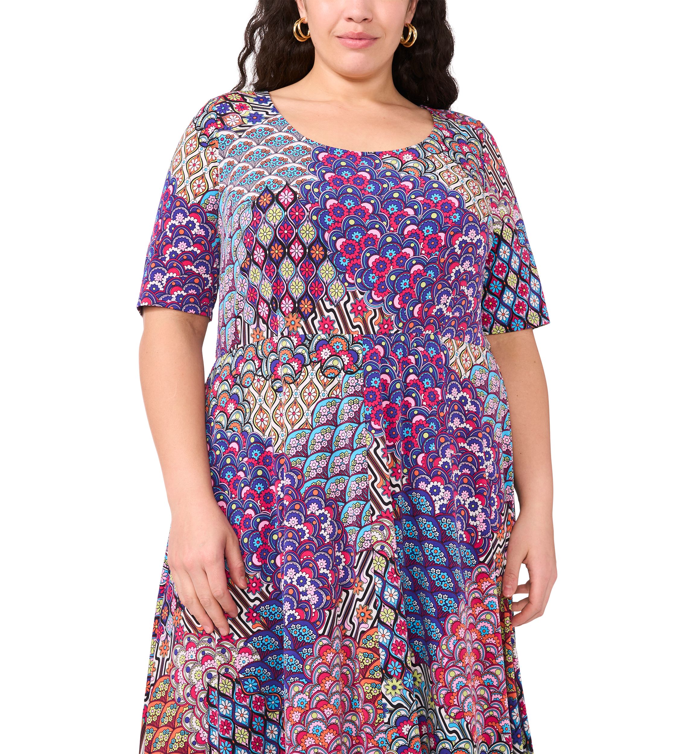 Plus Size Short Sleeve Scoop Neck Abstract Print Midi Dress
