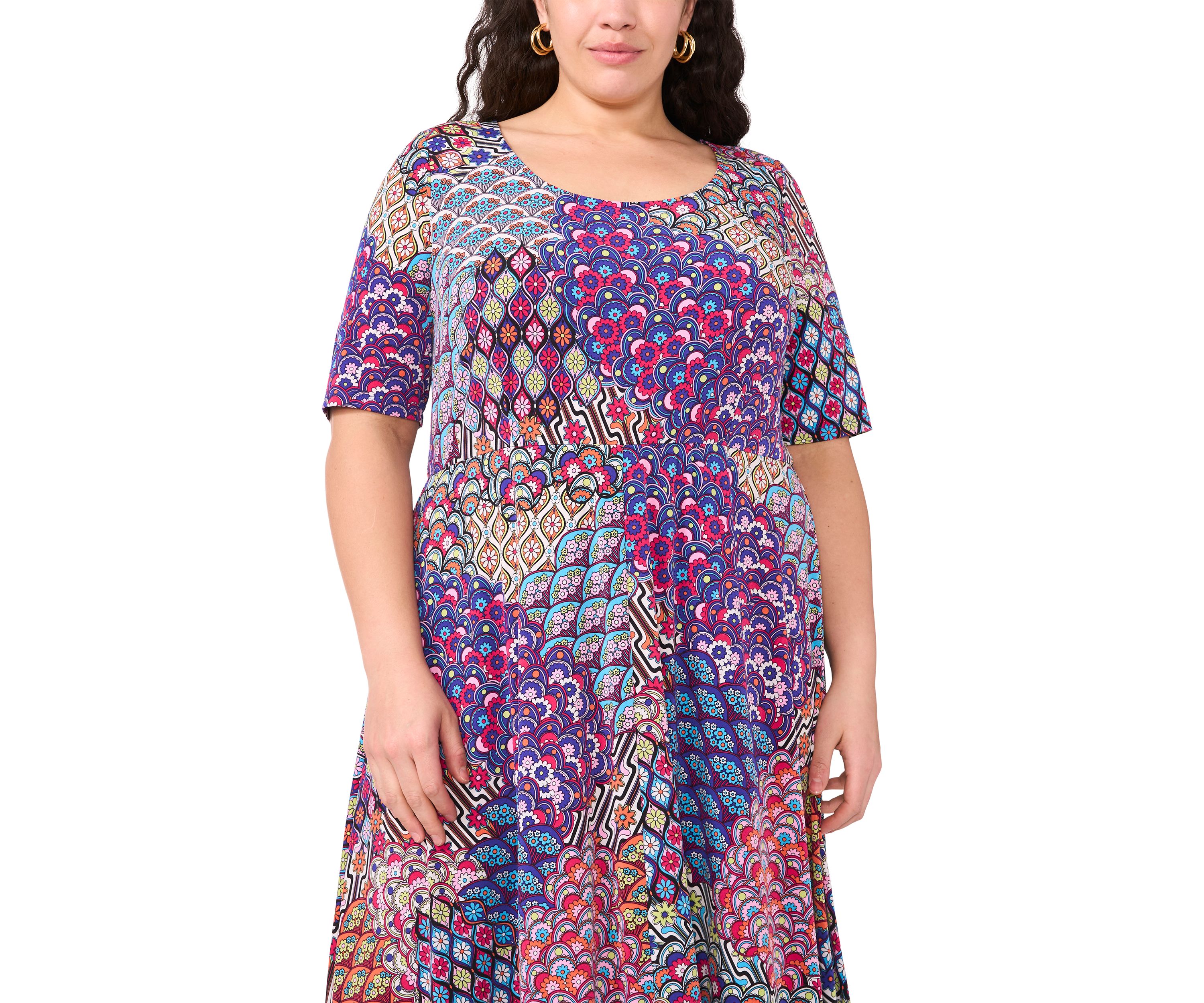 Plus Size Short Sleeve Scoop Neck Abstract Print Midi Dress