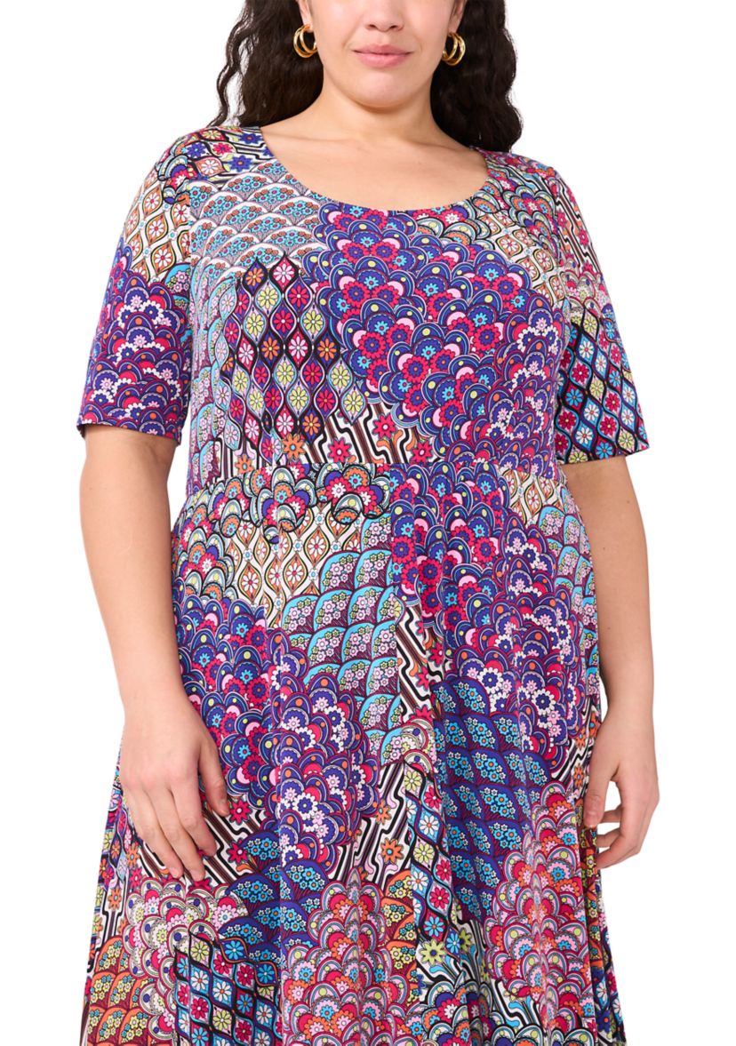 Plus Size Short Sleeve Scoop Neck Abstract Print Midi Dress