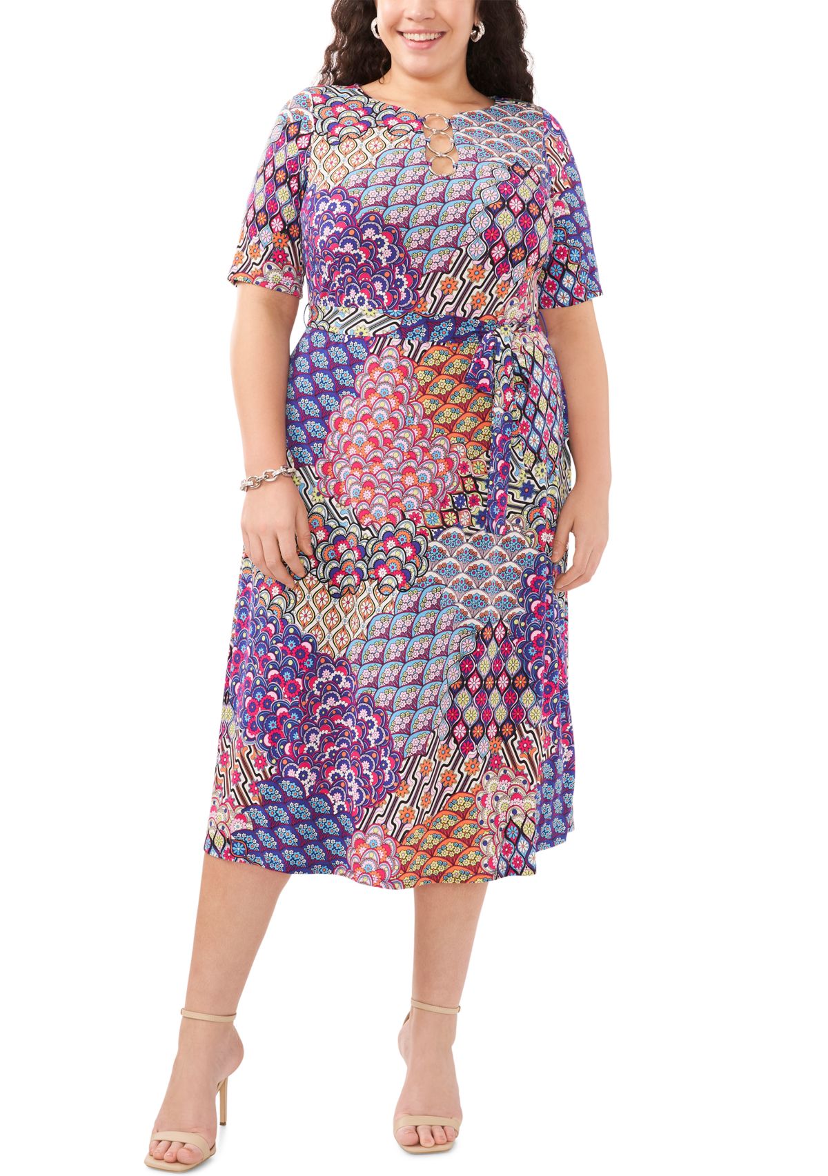 Plus Size Short Sleeve 3 Ring Printed Tie Front Midi Dress