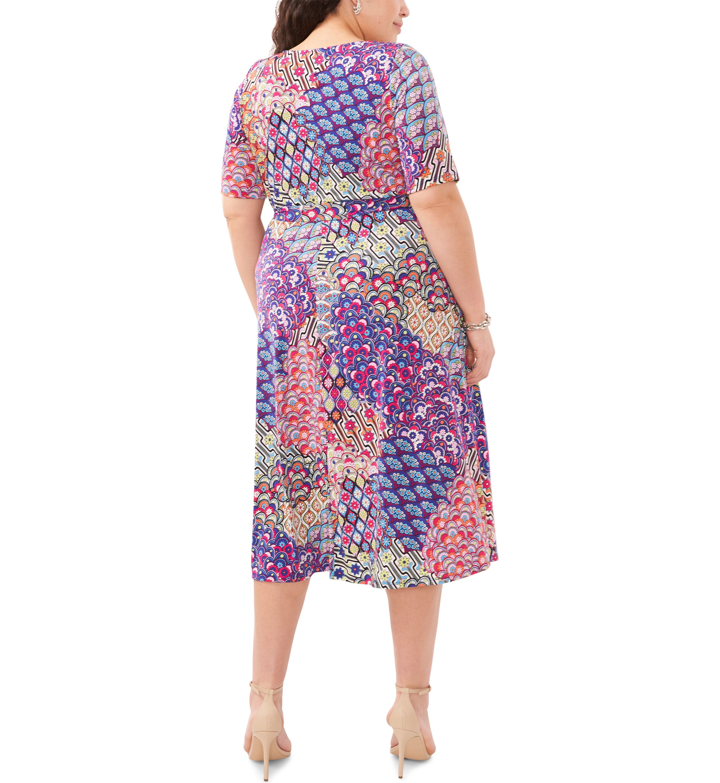 Plus Size Short Sleeve 3 Ring Printed Tie Front Midi Dress