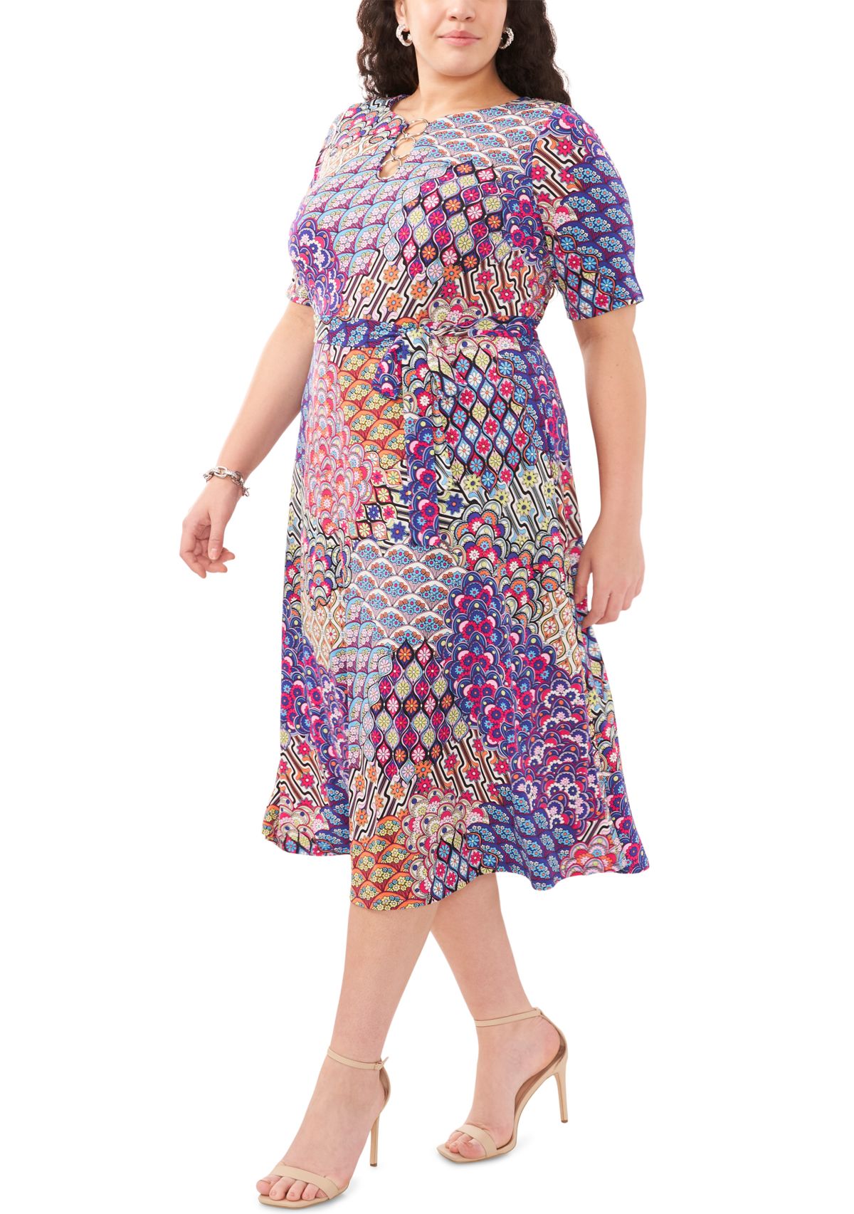 Plus Size Short Sleeve 3 Ring Printed Tie Front Midi Dress