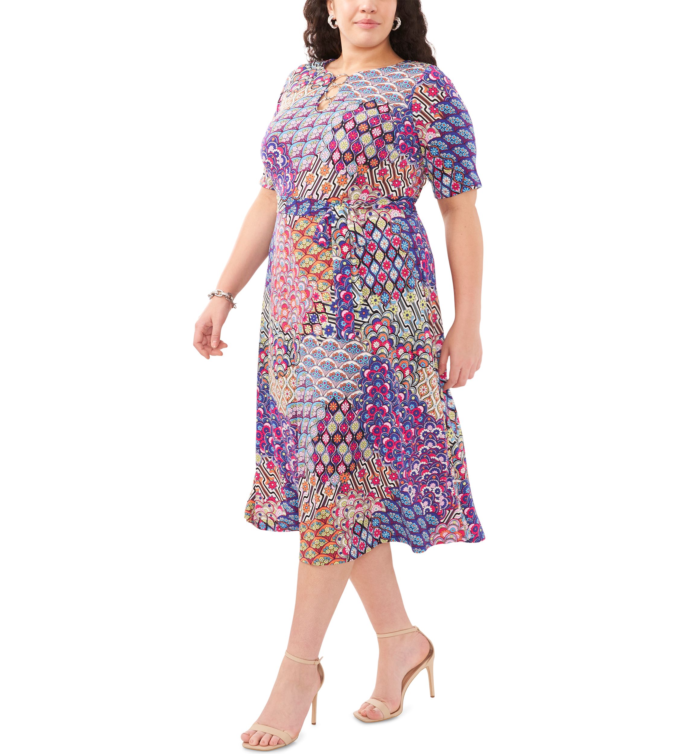 Plus Size Short Sleeve 3 Ring Printed Tie Front Midi Dress