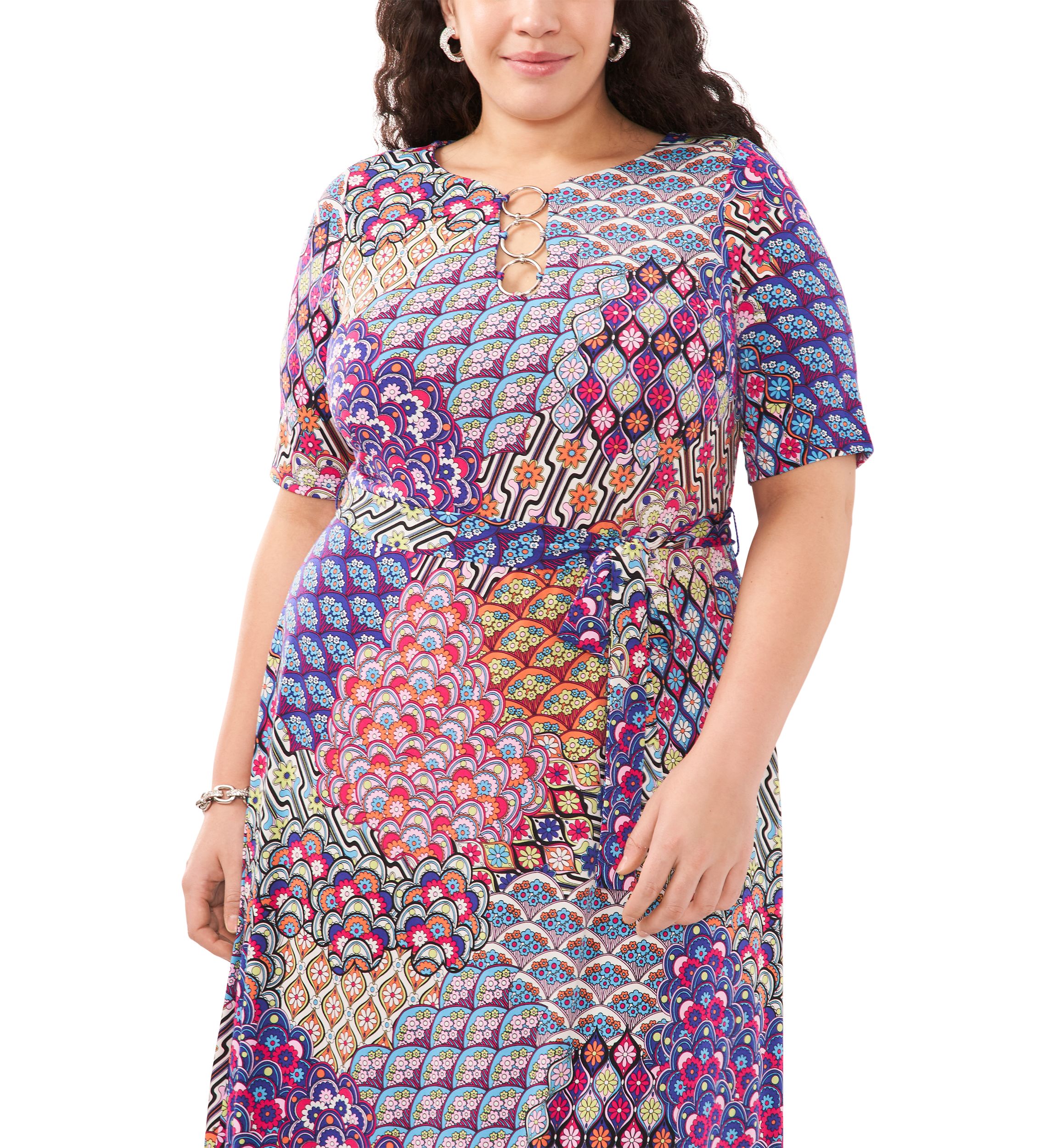 Plus Size Short Sleeve 3 Ring Printed Tie Front Midi Dress