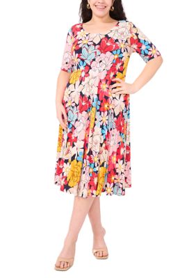 MSK Women's Plus Size Scoop Neck Floral Print Dress, Navy Blue, 3X